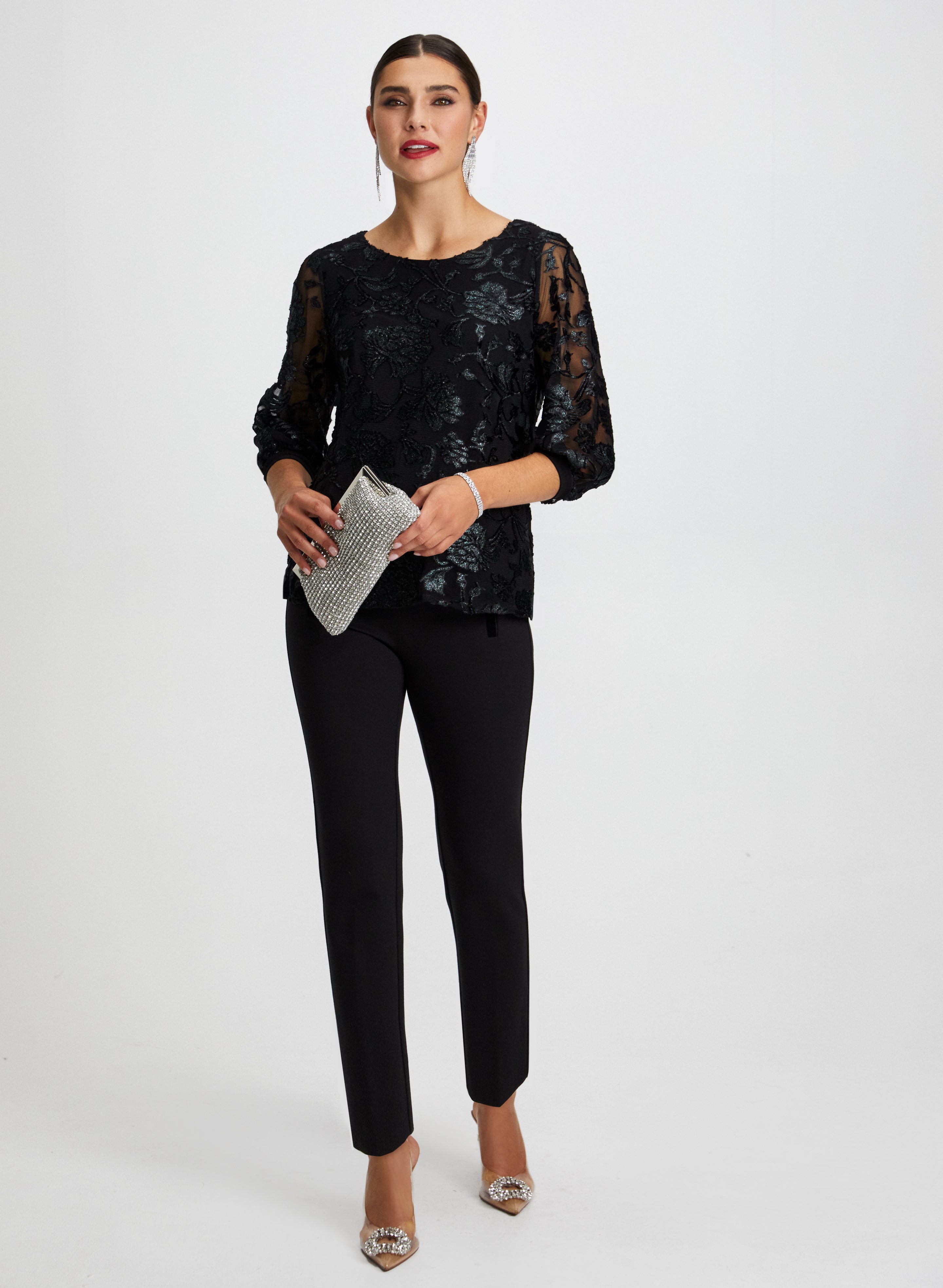 Floral Mesh Top with Bow Detail Pants - Women's Elegant Lace Blouse and High Waisted Trousers Set for Party, Wedding & Special Occasions