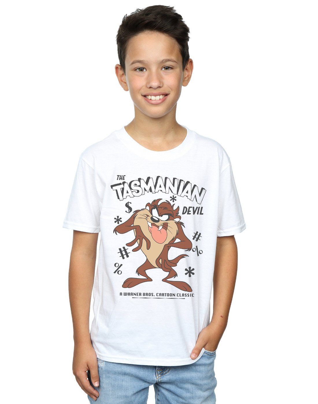 Vintage Looney Tunes Tasmanian Devil Graphic T-Shirt for Boys 7-8 Years - Soft Cotton White Tee - Perfect for School, Playdates & Cartoon Lovers