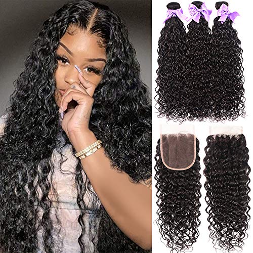 100% Unprocessed Deep Curly Human Hair Bundles with Closure - Water Wave Wet & Wavy Virgin Hair (18 20 22+16 Inch) Natural Black Color | Perfect for Protective Styles, Weaves & Extensions | Great for Daily Wear, Parties & Special Occasions