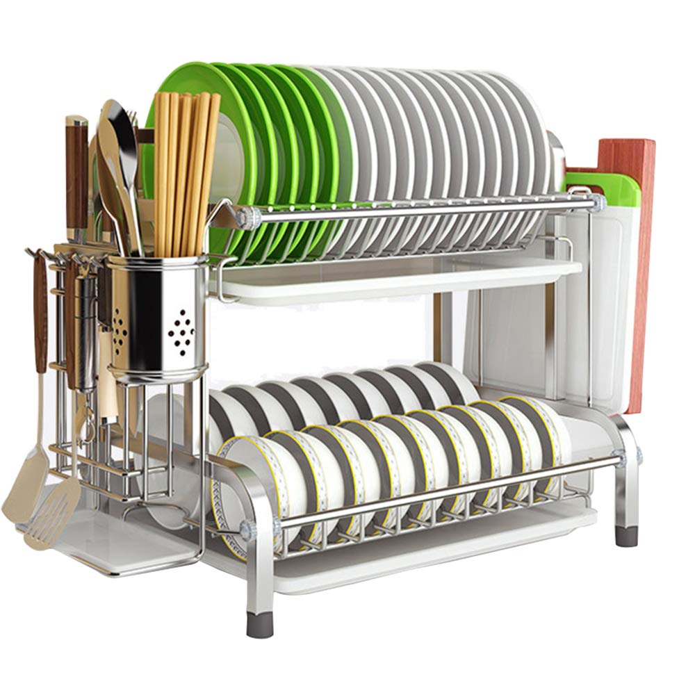 Burninger Stainless Steel Dish Drying Rack with Drain Board - Kitchen Countertop Organizer with Utensil Holder & Cutting Board Storage - Perfect for Small Spaces, Apartment Kitchens & Dish Drying Organization (Silver)