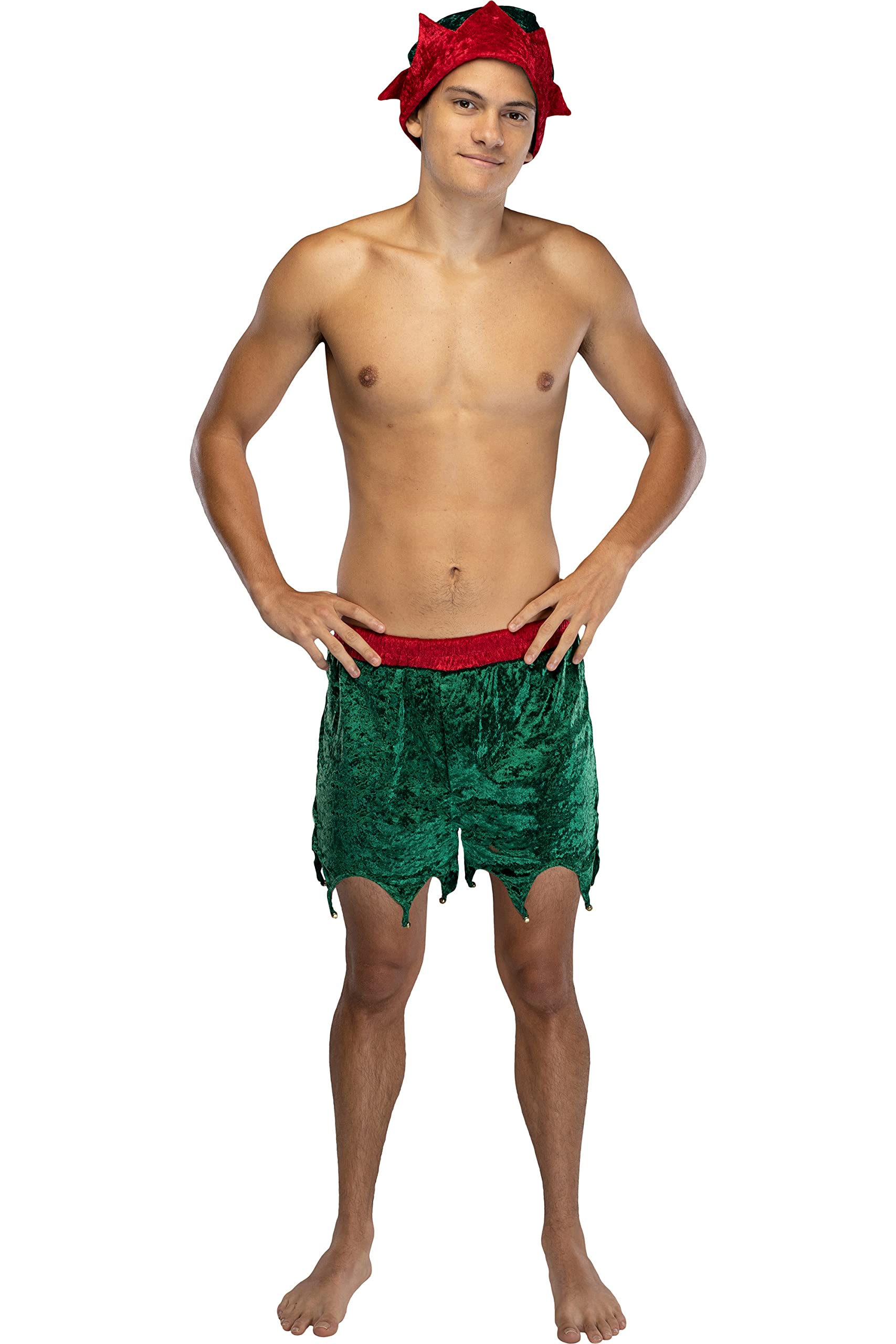 Men's Elf Boxer Shorts with Hat - Soft Crushed Velvet Underwear for Christmas Costume & Holiday Party Outfits