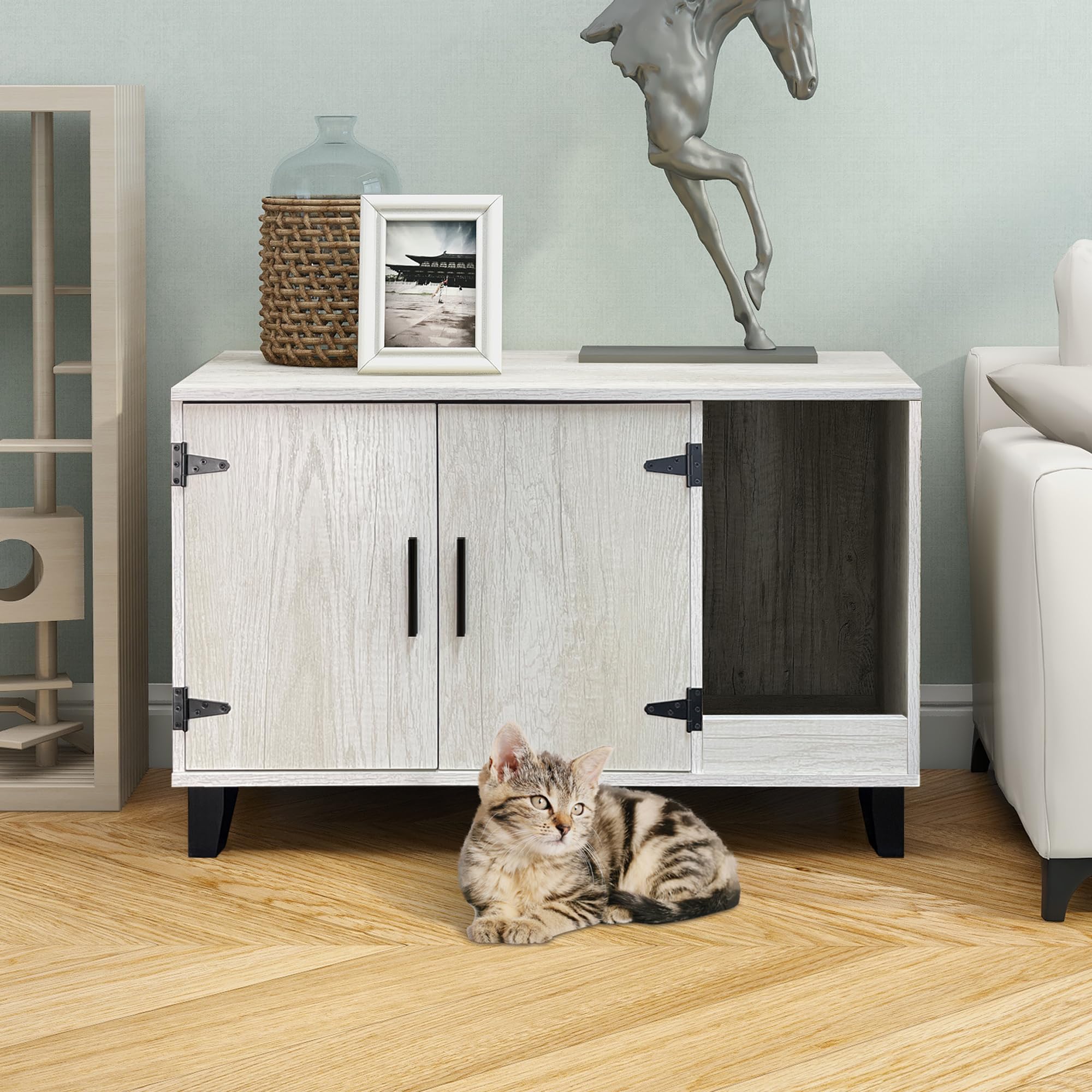 TaoHFE Wooden Cat Litter Box Enclosure Furniture - Hidden Litter Box Cabinet with Scratch Pad - Farmhouse Style Pine Cat House for Home Decor - Perfect for Small Spaces & Multi-Cat Households