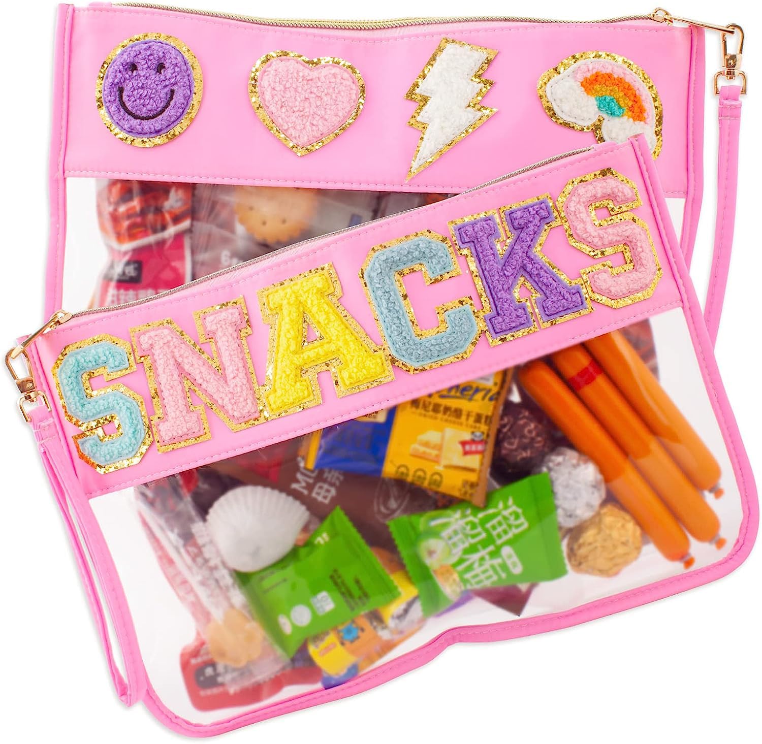 1PCS Chenille Patch Nylon Pouch - Clear Waterproof Snacks Bag with Preppy Letter Patches - Multi-purpose Travel Makeup Bag for Women & Girls - Perfect for School, Gym, Beach and Daily Essentials Storage