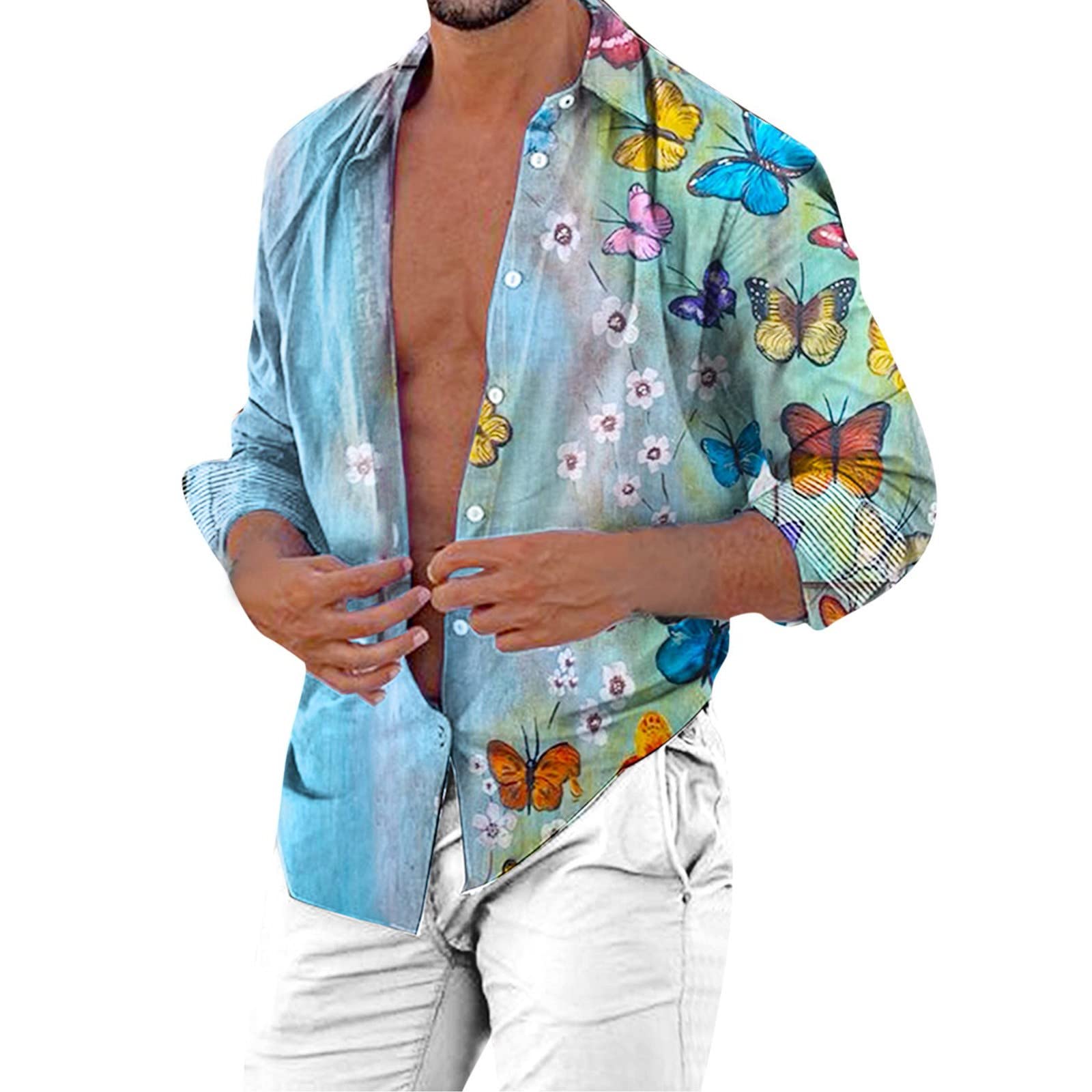 Men's Trendy Linen Hippie Beach Shirt - Long Sleeve Button Down Casual Dress Shirt for Summer - Big and Tall Sizes - Perfect for Beach Vacations, Music Festivals & Boho Style Outfits