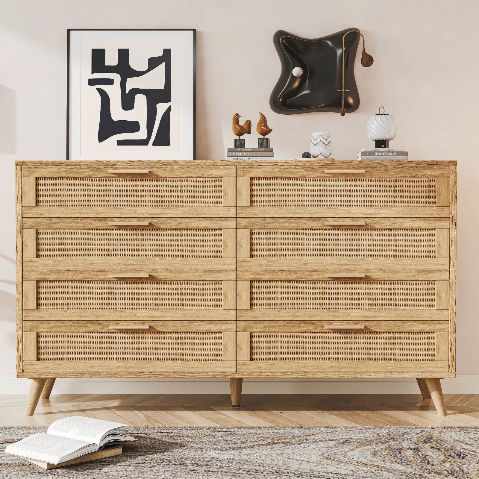 Rovaurx 8-Drawer Double Dresser - Modern Rattan Wooden Chest with Gold Handles for Bedroom, Living Room & Entryway - Stylish Storage Solution for Clothes, Linens & Home Organization