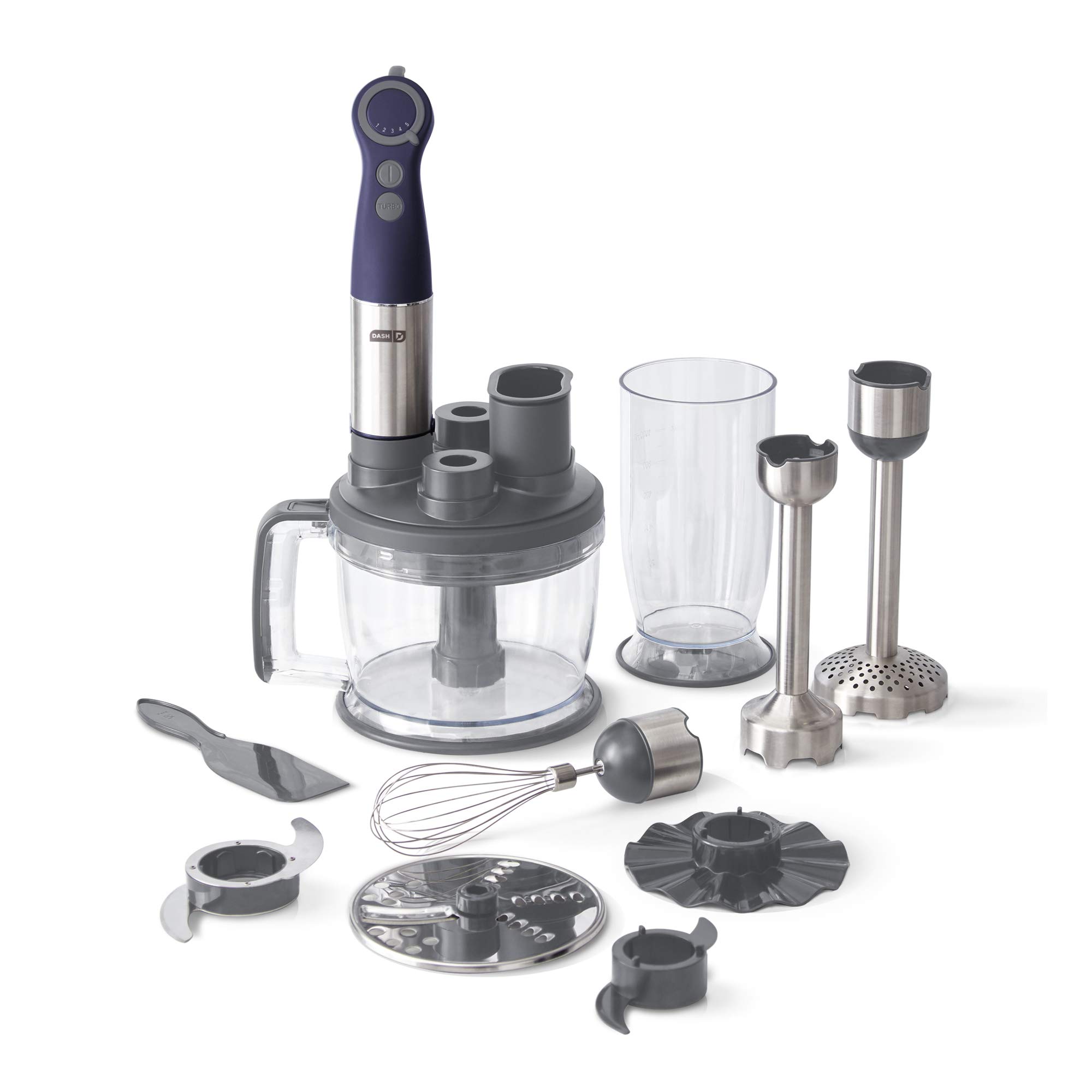 Dash Chef Series Deluxe 5-Speed Immersion Hand Blender with Stainless Steel Blades - Includes Dough Hooks, Food Processor, Grater, Masher, Slicer & Whisk Attachments + Recipe Guide (Midnight) - Perfect for Smoothies, Soups, Baby Food & Baking