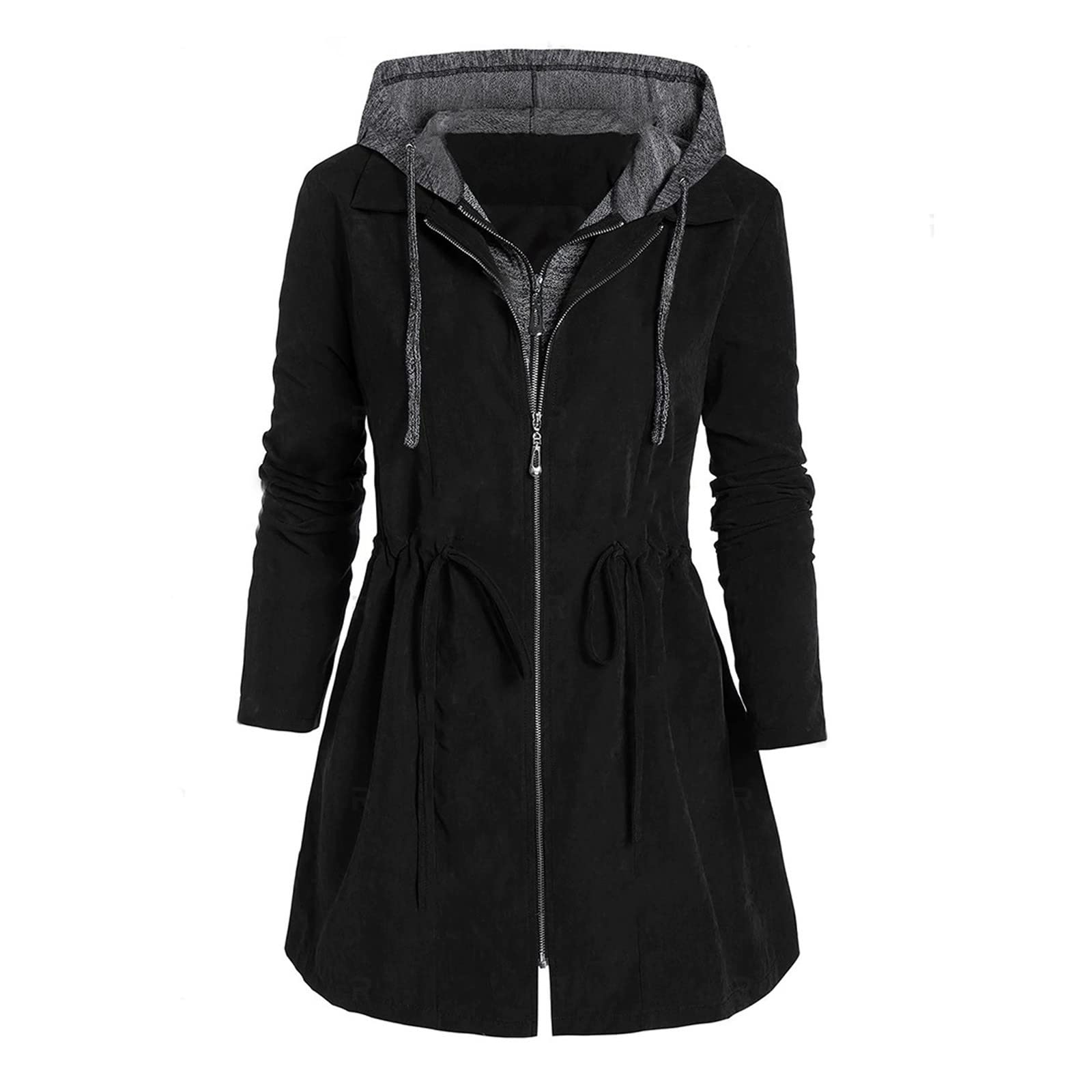 Women's Winter Fashion Coat - Long Sleeve Zipper Patchwork Hooded Jacket for Cold Weather, Plus Size Black Outerwear (Perfect for Spring & Fall Layering, Outdoor Activities, Daily Commute)