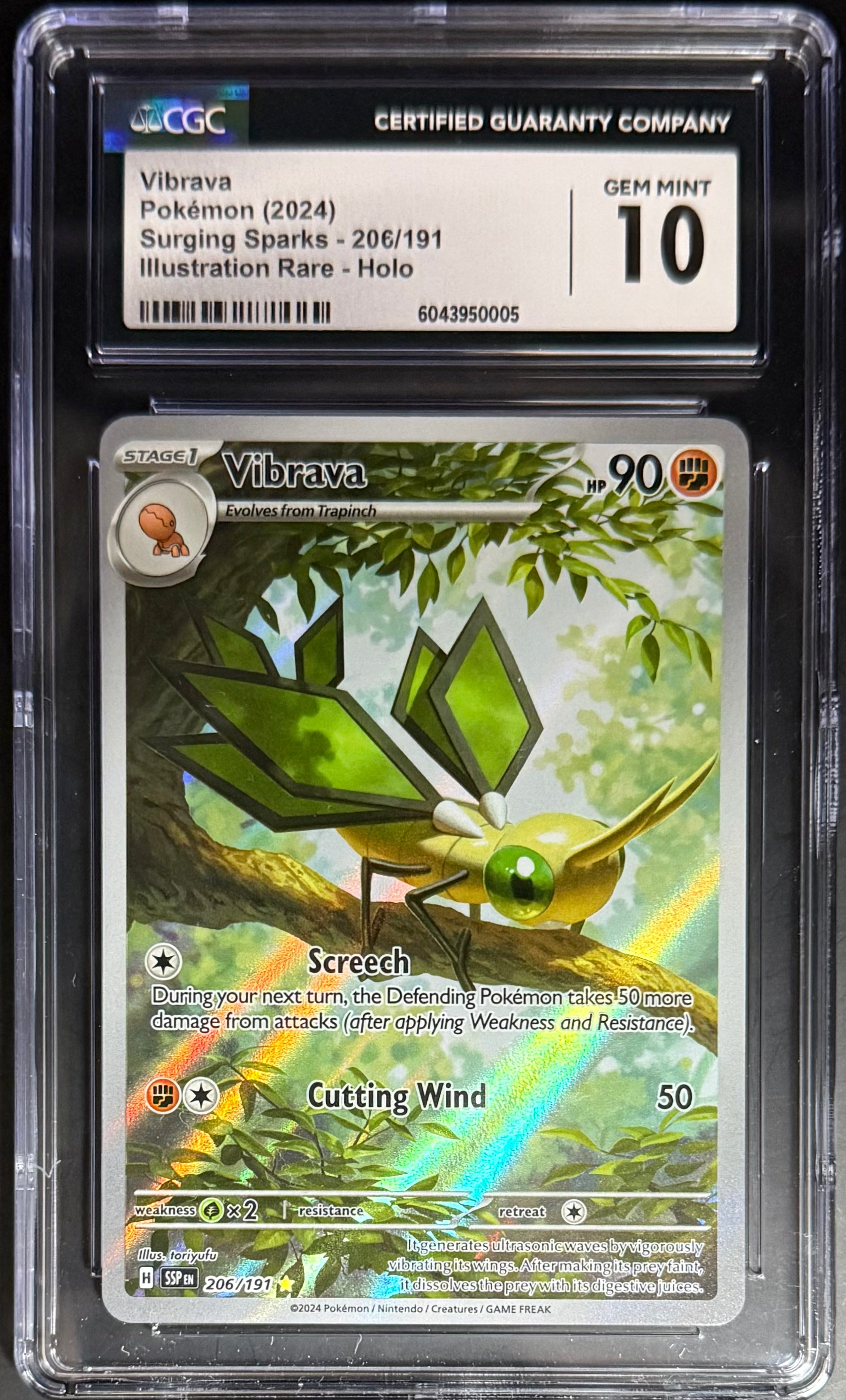 Pokemon Vibrava 206/191 Illustration Rare Holo Card - Surging Sparks 2024 CGC 10 Graded - Perfect for Pokemon TCG Collectors & Competitive Battles