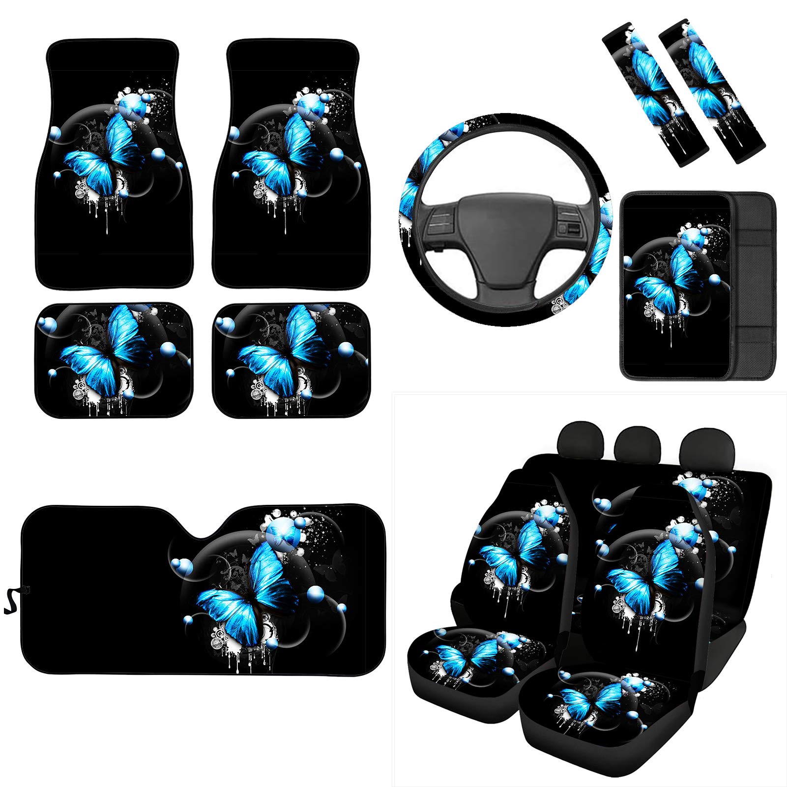 JEOCODY Blue Butterfly Car Accessories Set - 13 Pcs Sunshades, Seat Covers, Floor Mats, Steering Wheel Cushion & More | Universal Fit for Sedan, SUV, Truck | Car Interior Protection & Style Upgrade