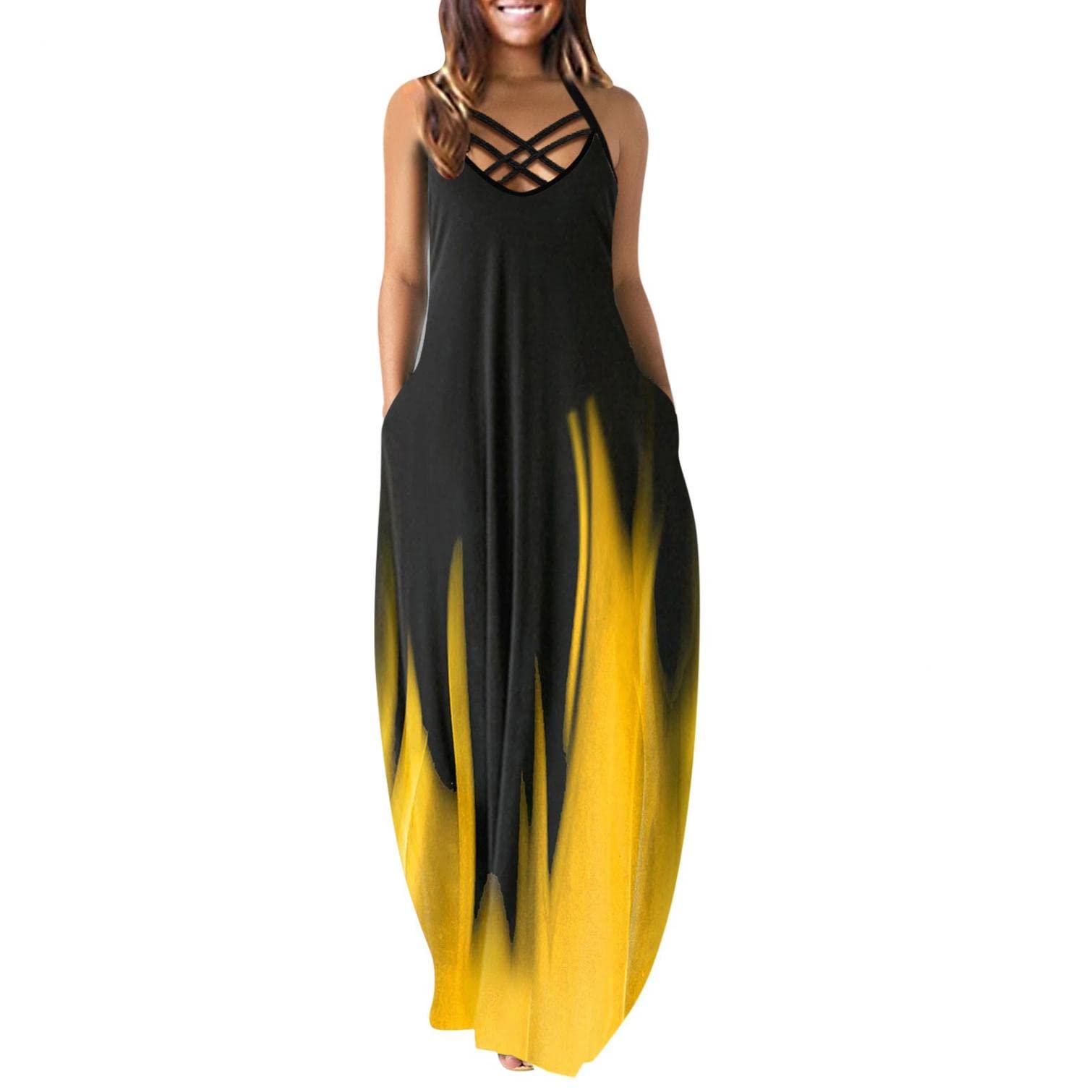 Boho Maxi Dresses for Women - 2022 Summer Sleeveless Floral Dress with Cross Strap & Pockets | Beach Wedding, Vacation, Party Outfit
