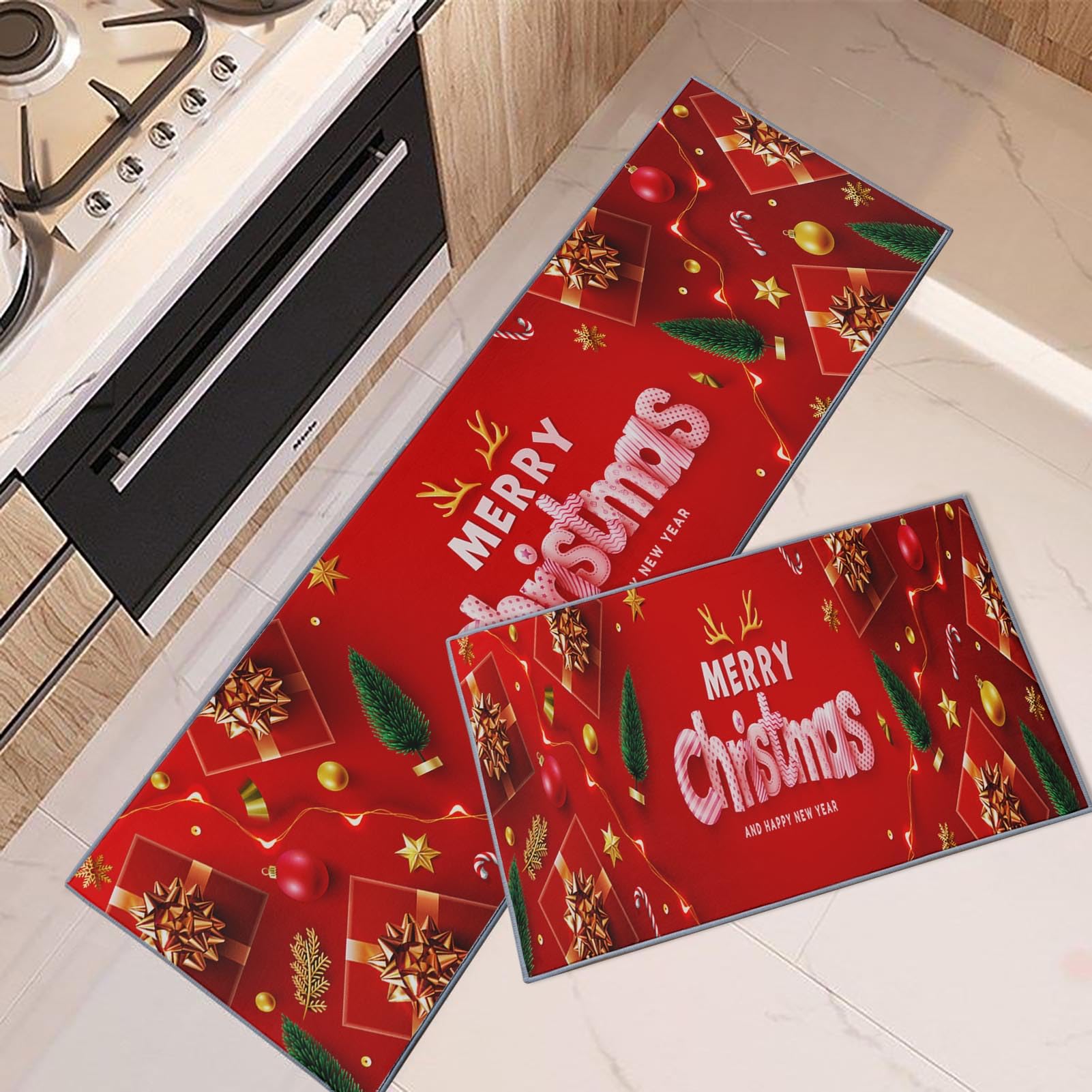 Non-Skid Washable Christmas Kitchen Rugs Set of 2 - Merry Christmas Red Gold Winter Kitchen Runner, Waterproof Under Sink Mat, Happy New Year Floor Rug for Kitchen, Doormat, Dining Area, and Holiday Decor