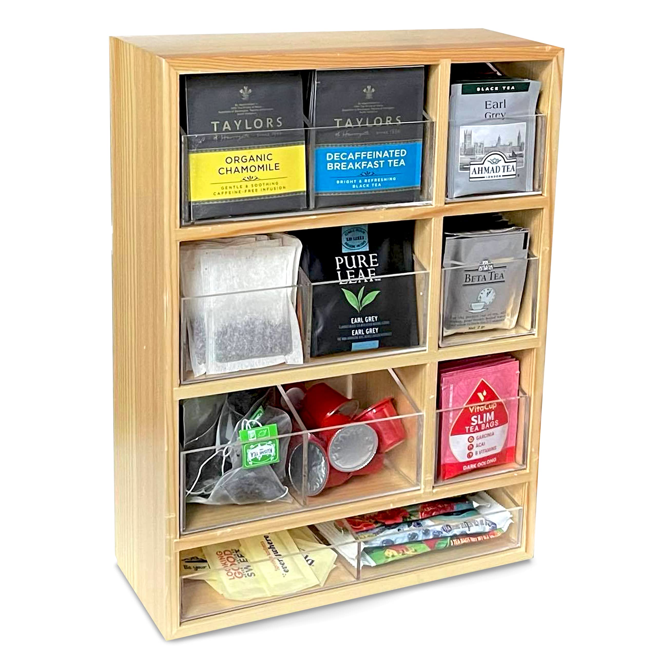 Premium Tea Bag Organizer & Storage Box with Drawers - Natural Wood Tea Bag Holder & Tea Caddy for Kitchen Countertop | Perfect for Organizing Loose Leaf Tea, Herbal Tea Bags & Coffee Pods