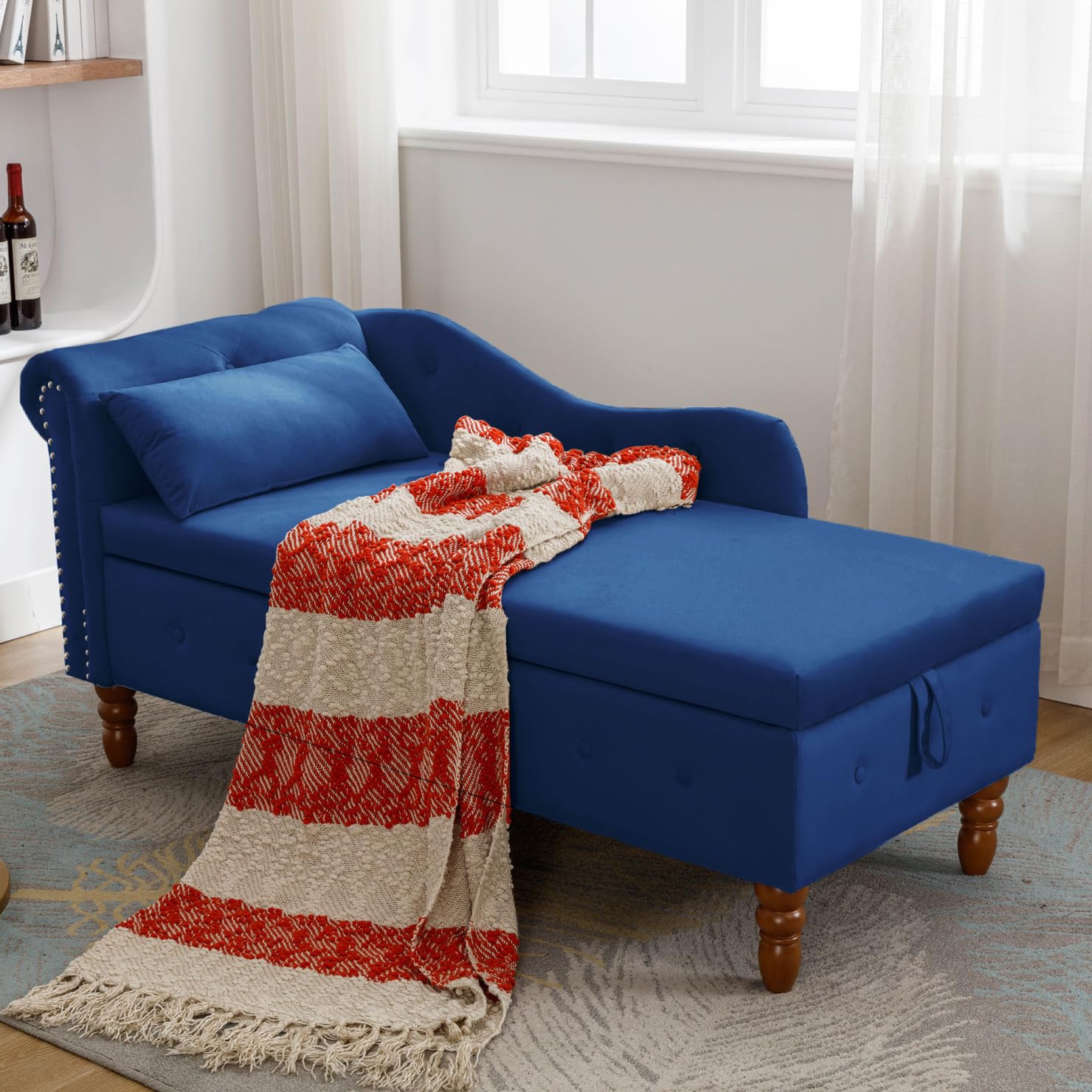 Velvet Upholstered Chaise Lounge Chair with Storage - Button Tufted Design with Lumbar Pillow & Rolled Arms - Navy Blue Modern Chaise for Living Room, Bedroom, Office - Perfect for Relaxing, Reading & Small Space Decor