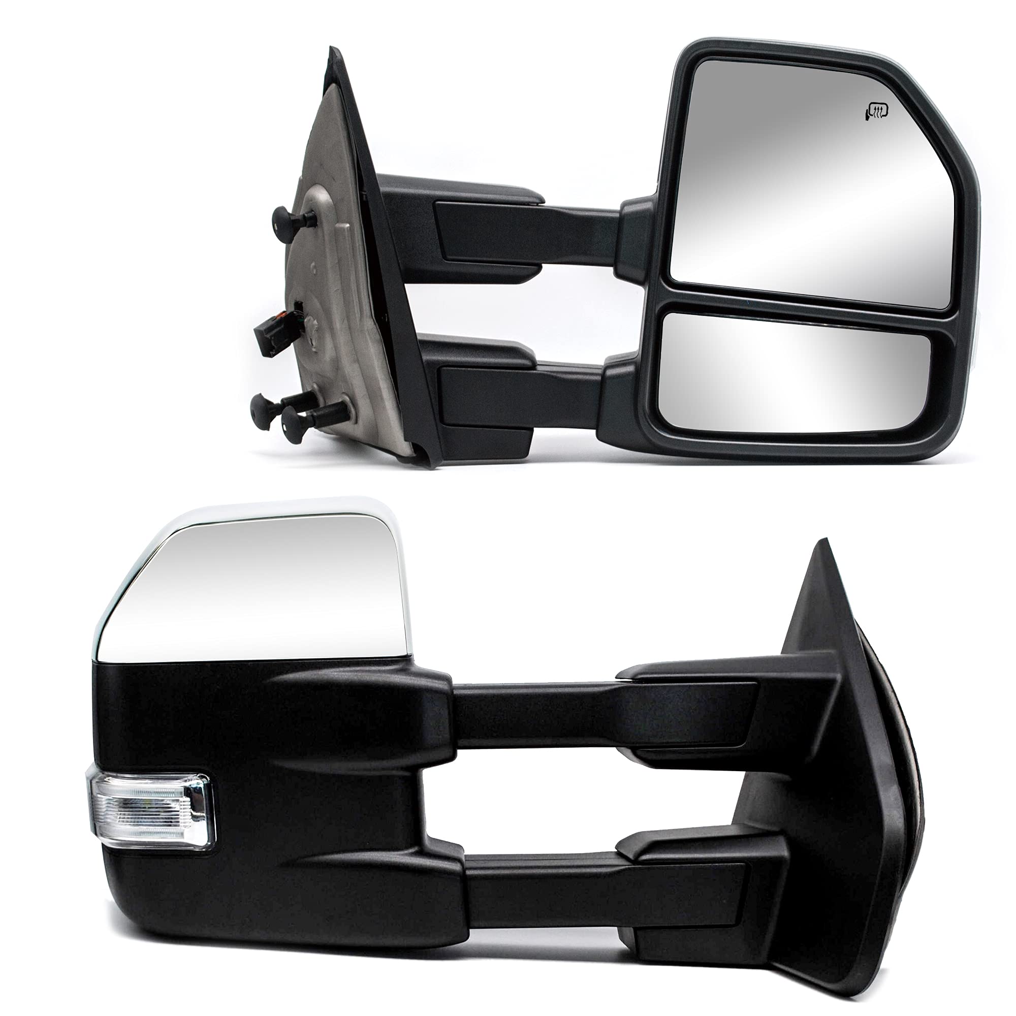 Upgraded Power Heated Towing Mirrors with LED Turn Signal & Puddle Lamp - Manual Folding Chrome Cap - Compatible with 2004-2014 Ford F150 Pickup Truck - Perfect for Enhanced Visibility & Safety While Towing or Night Driving