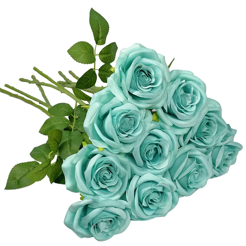 Premium Artificial Silk Roses - 10 PCS Real Touch Tiffany Blue Fake Flowers with Long Stems for Wedding Centerpieces, Home Decor, Party Arrangements & Kitchen Tabletop Decorations