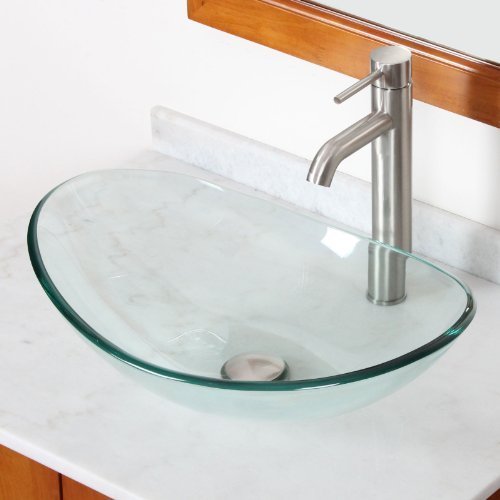 ELITE Modern Boat-Shaped Clear Glass Vessel Sink with Brushed Nickel Single Lever Faucet - Bathroom Vanity Sink Combo for Contemporary Home Decor | Perfect for Master Bath, Guest Bath & Powder Room Renovations