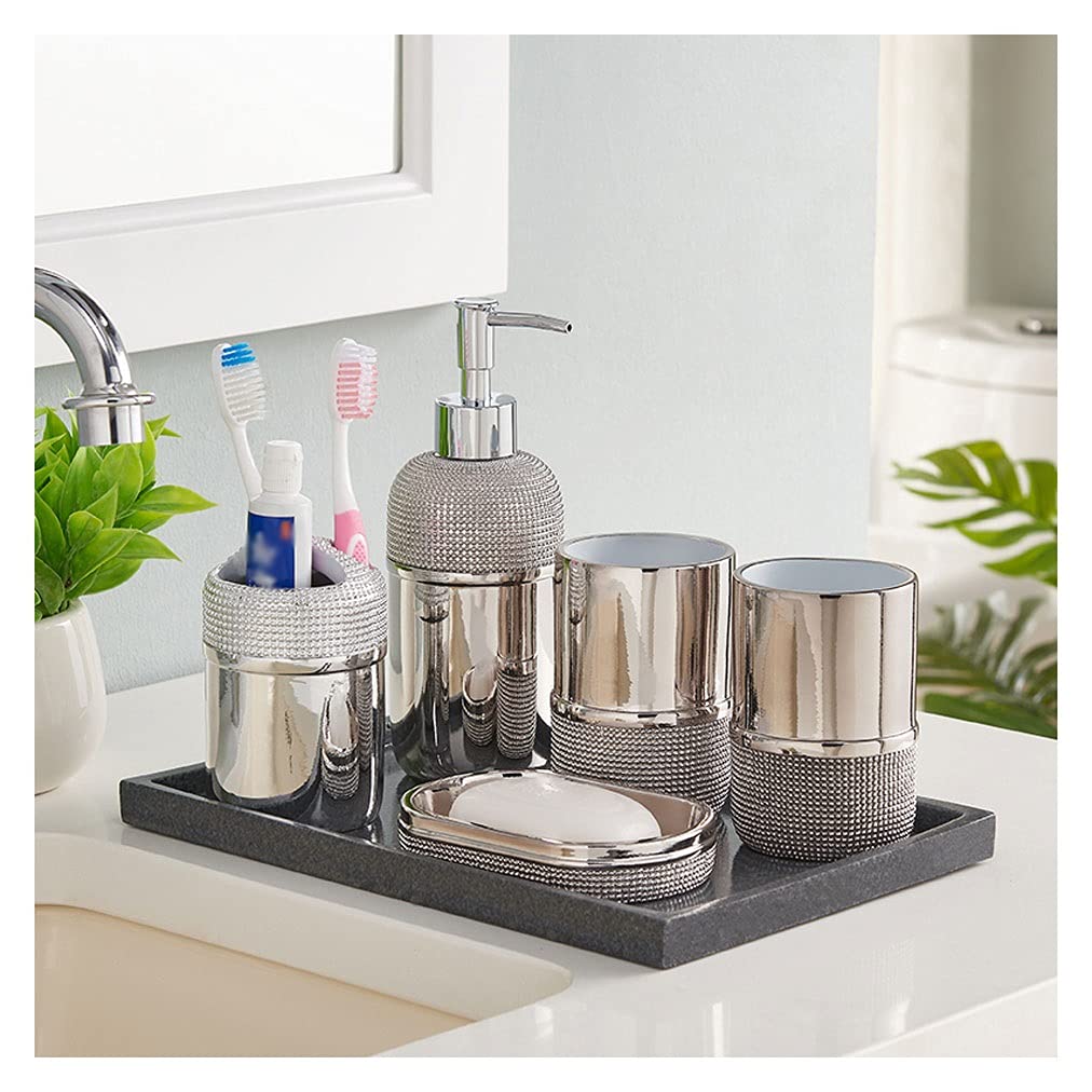 Luxury 6-Piece Gold-Plated Bathroom Set - Soap Dispenser, Toothbrush Holder, Tumbler, Soap Dish, Tray & Lotion Dispenser | Modern Bathroom Accessories for Home & Hotel Decor (Silver)