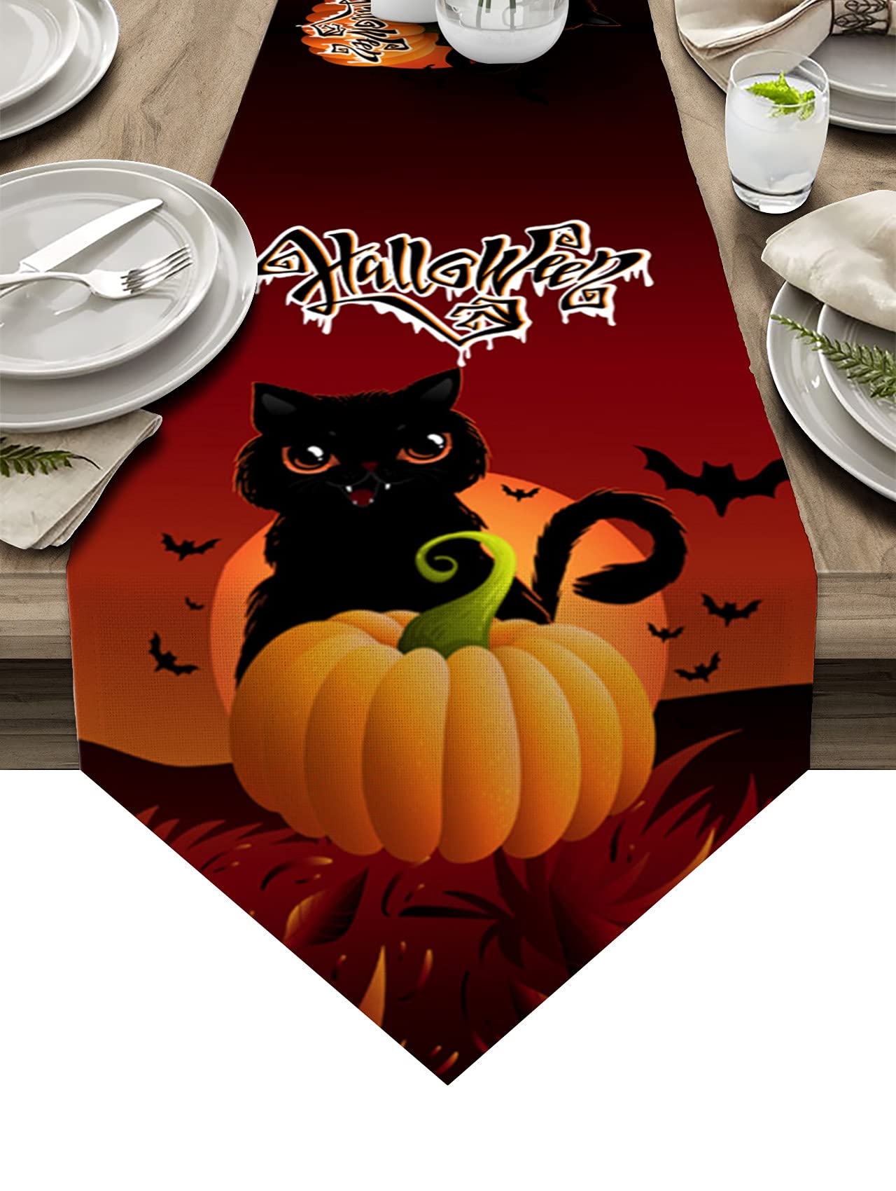Halloween Black Cat Pumpkin Bat Cotton Table Runner - 13 x 36 Inch Orange Full Moon Table Decor for Dinner, Kitchen, Wedding & Parties | Indoor & Outdoor Halloween Decorations, Spooky Table Setting