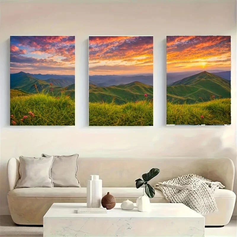 3-Piece Vibrant Sunset Over Mountainous Landscape Metal Wall Art - Ready to Hang, Perfect for Living Room, Bedroom & Office Decor