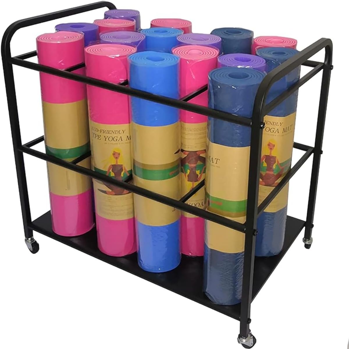 Sturdy Metal Yoga Mat Holder Basket with Wheels - Large Capacity Foam Roller & Yoga Mat Storage Organizer Rack - Perfect for Home Gym, Yoga Studio & Fitness Equipment Organization