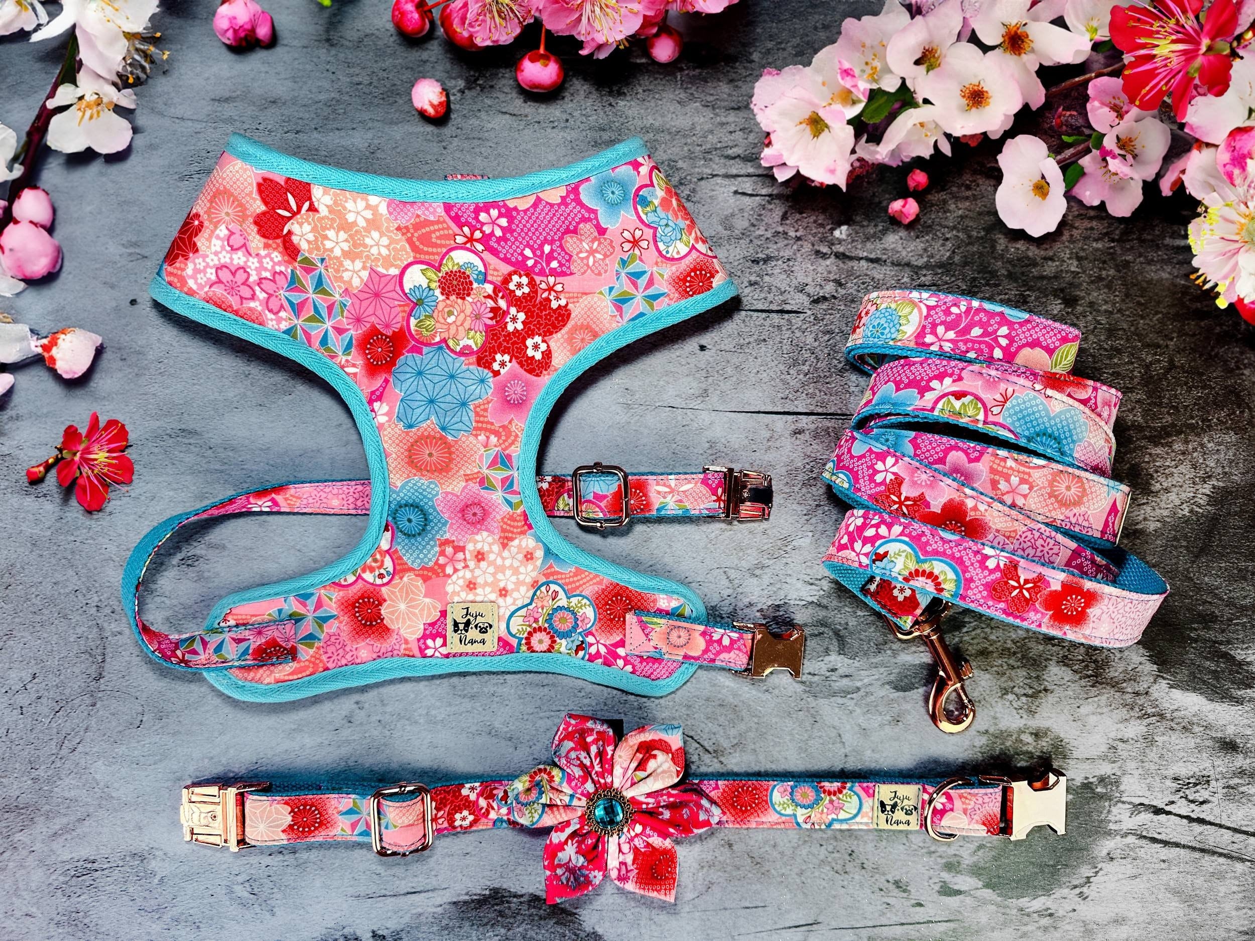 Premium Dog Harness Set - Japanese Kimono Sakura Style for Small & Medium Dogs - Perfect for Walks, Training & Special Occasions