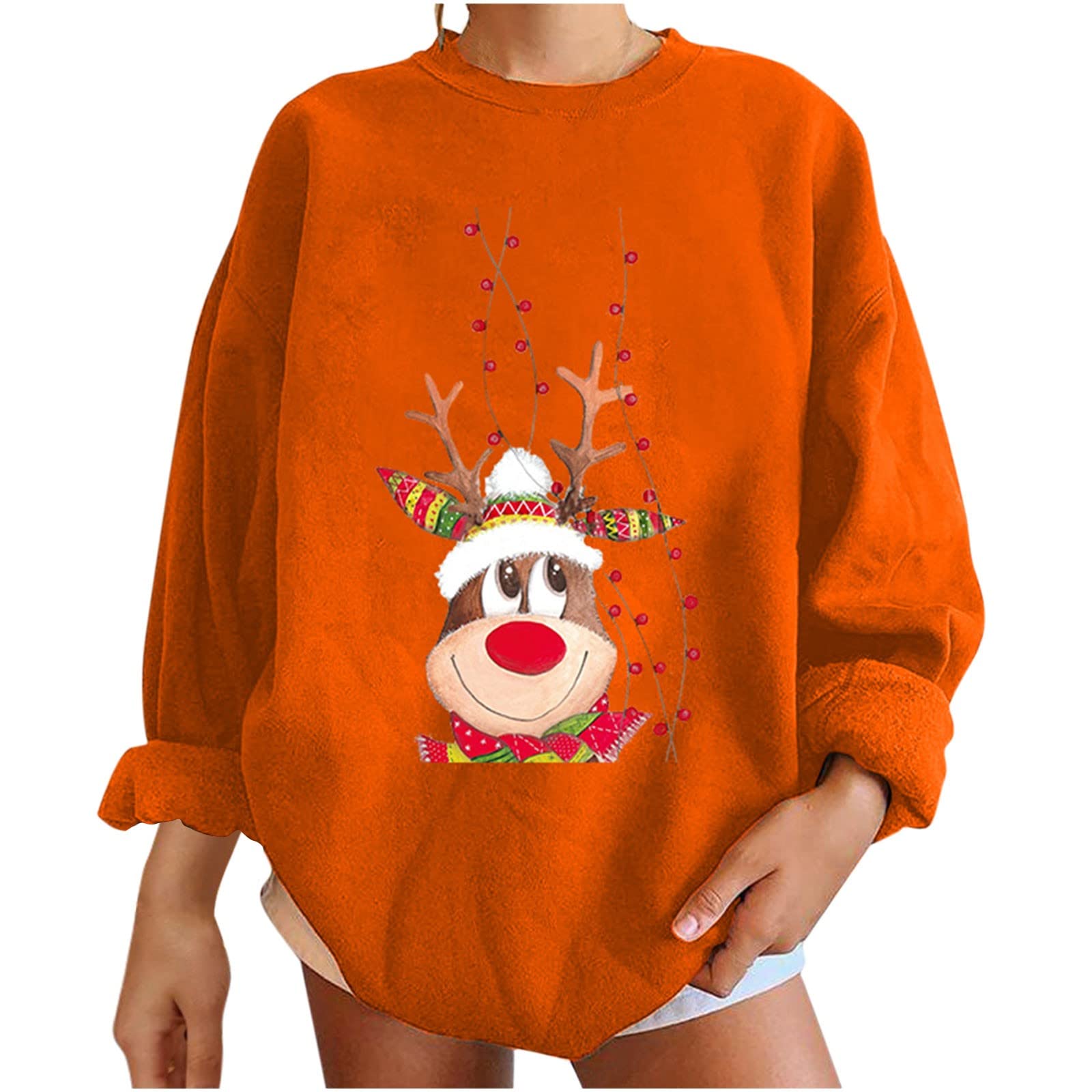Trendy Women's Christmas Reindeer Print Crewneck Sweatshirt - Long Sleeve Oversized Pullover Sweater for Fall & Winter - Cozy Holiday Outfit, Casual Wear & Gift Idea