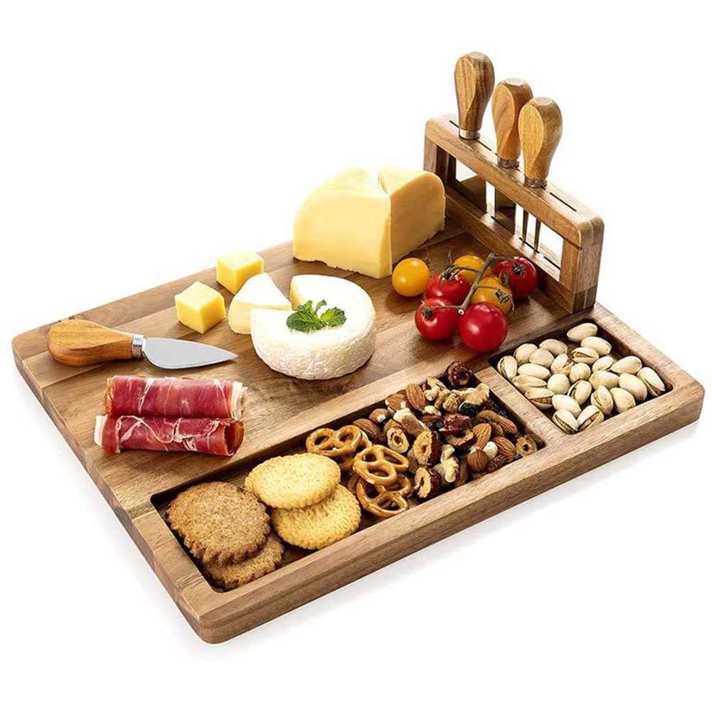 Natural Bamboo Cheese Board Set with 4 Cheese Knives - Elegant Serving Tray for Charcuterie, Kitchen Cooking Tools & Housewarming Gifts - Perfect for Wine Parties, Dinner Entertaining & Holiday Gatherings