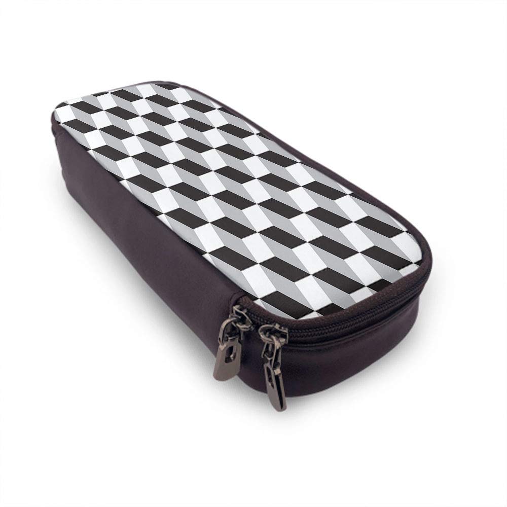 Gradient Cubes Leather Pencil Case - Black White Gray Geometric Abstract 3D Design Zippered Cosmetic Bag for Men & Women | School, Office, Travel & Makeup Organizer | Portable Pouch for Stationery, Cosmetics & Daily Essentials