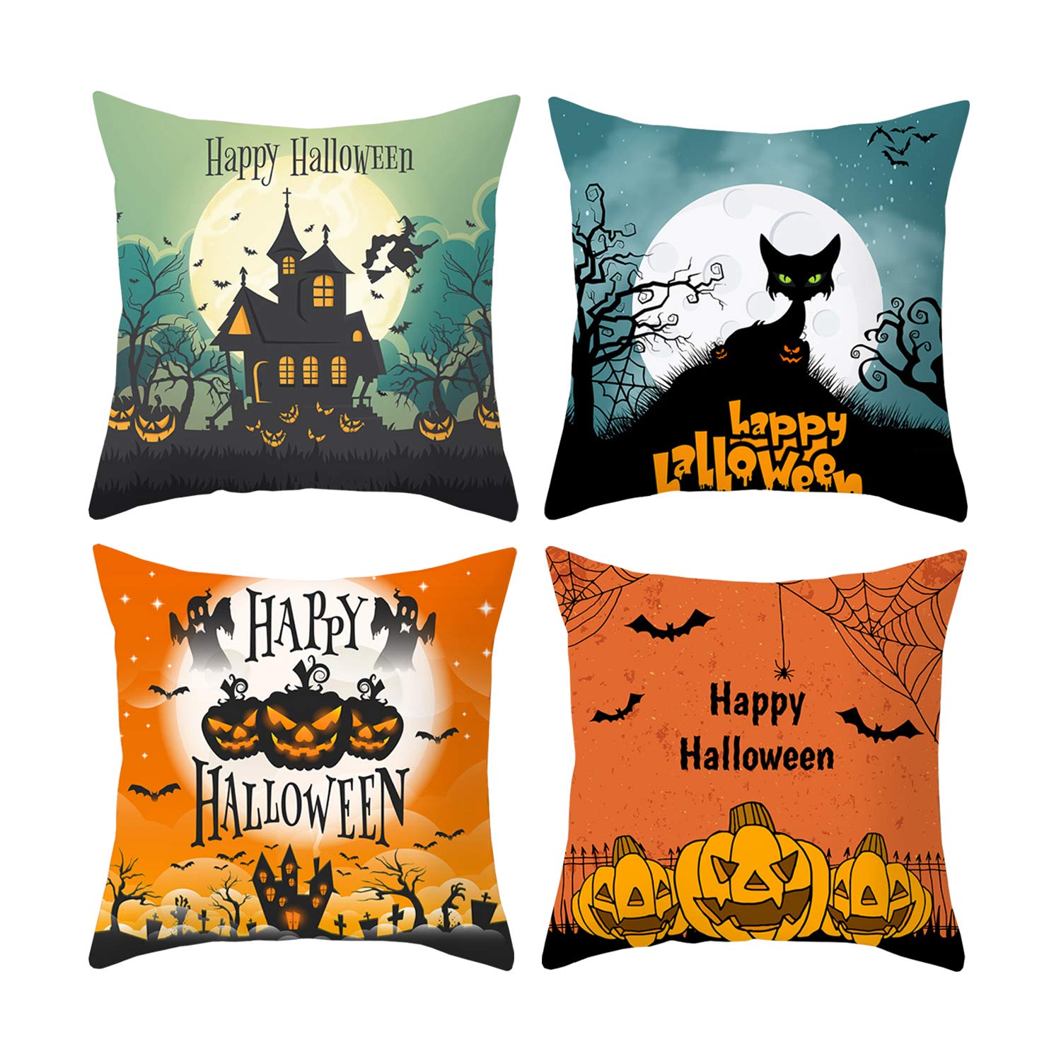 4PCS Halloween Throw Pillow Covers 18x18 Inch - Spooky Pumpkin Print Polyester Square Cushion Covers for Sofa, Bed, Couch - Perfect for Halloween Decor, Fall Home Decor & Thanksgiving Party Accessories