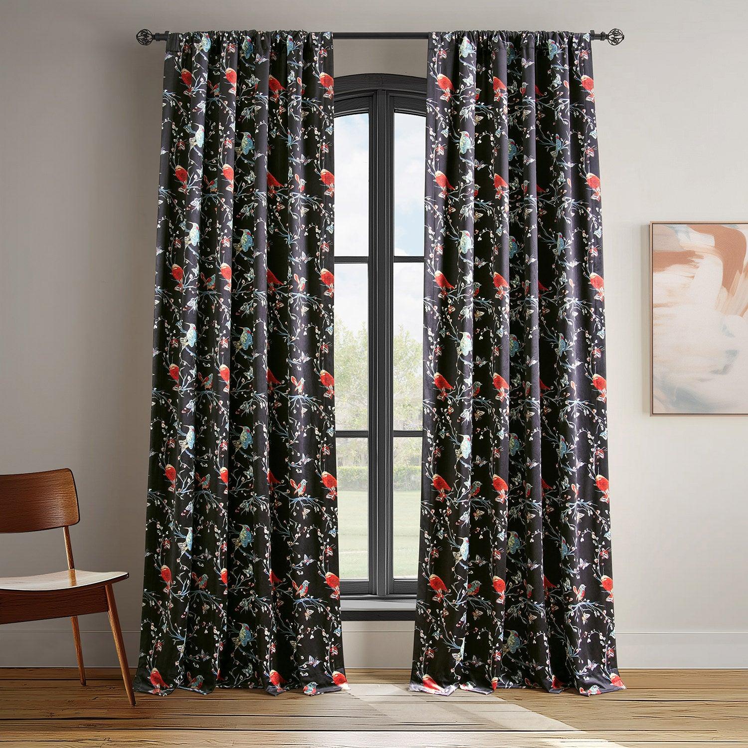 Botanic Garden Black Abstract Barcelona Velvet Blackout Curtains - Elegant Room Darkening Drapes for Living Room, Bedroom & Home Theater