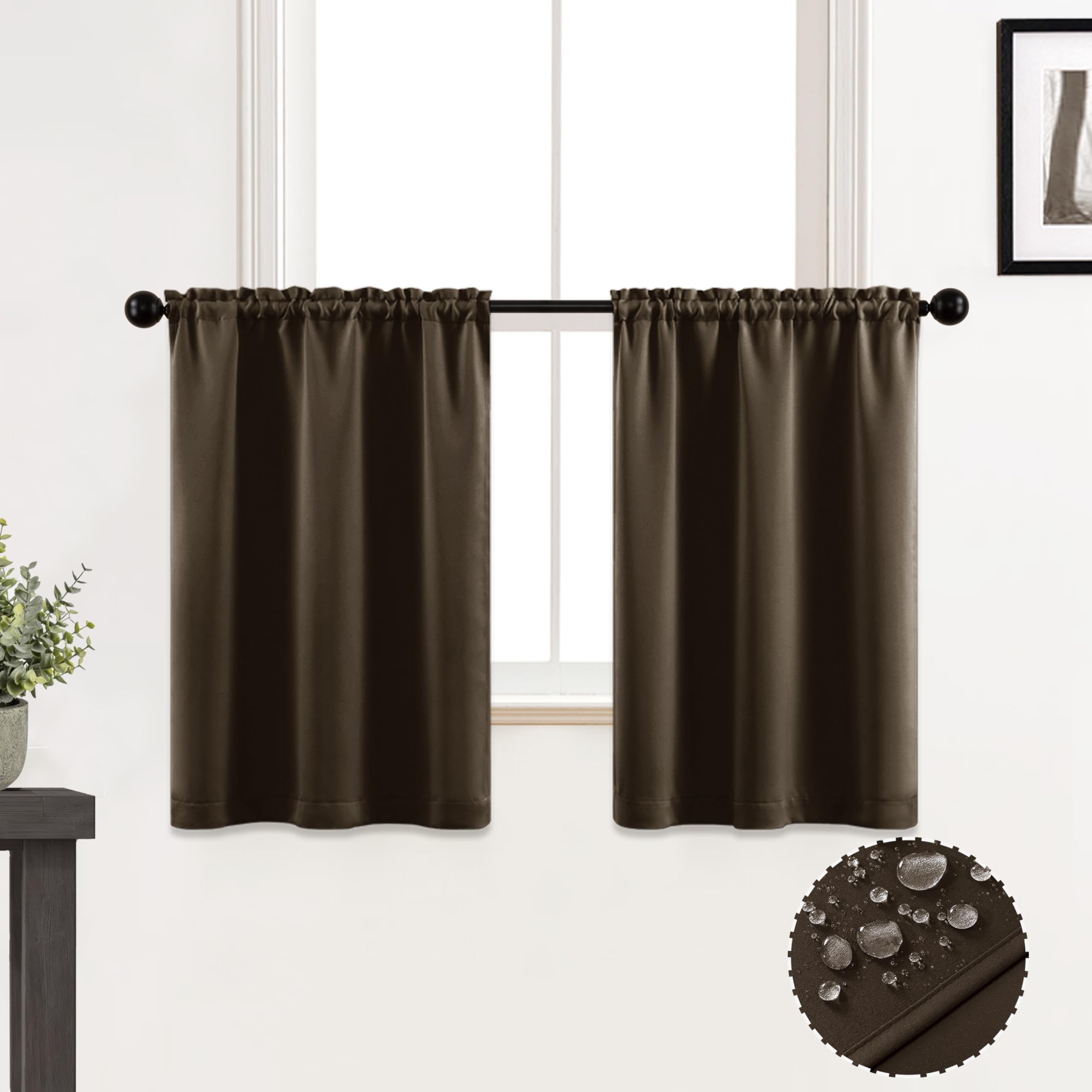 Dark Chocolate Brown Blackout Curtains for Kitchen & Bathroom - 24 Inch Long Waterproof Window Panels with Rod Pocket, Perfect for Bedroom, Cafe & Front Door Shades | Small Western Style Window Coverings for Privacy & Light Control