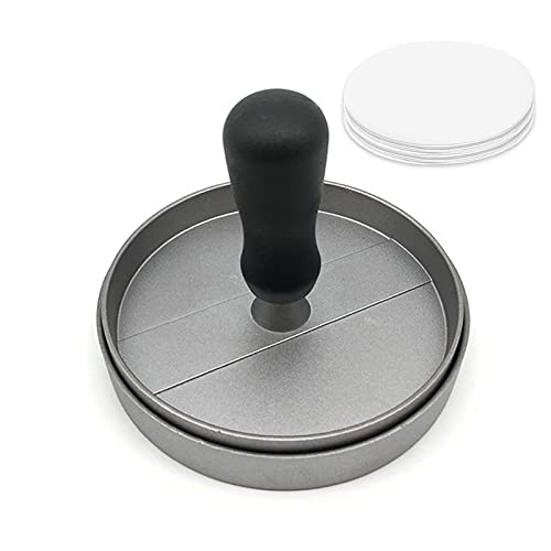Premium Aluminum Burger Press & Hamburger Patty Maker with 50 Non-Stick Patty Papers - Perfect for BBQ, Grilling, Backyard Cookouts & Home Kitchen Use (Grey)