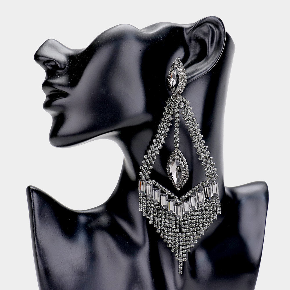 Elegant Long Black Diamond Crystal Statement Pageant Earrings for Women – Perfect for Prom, Wedding, and Evening Events | 454057