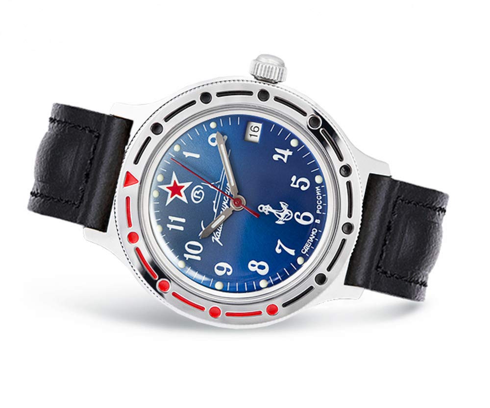 Vostok Komandirskie Submarine Commander Russian Automatic Self-Winding Military Watch - Leather Strap Model 921289 | Durable Waterproof Wristwatch for Diving, Outdoor Adventures & Military Enthusiasts