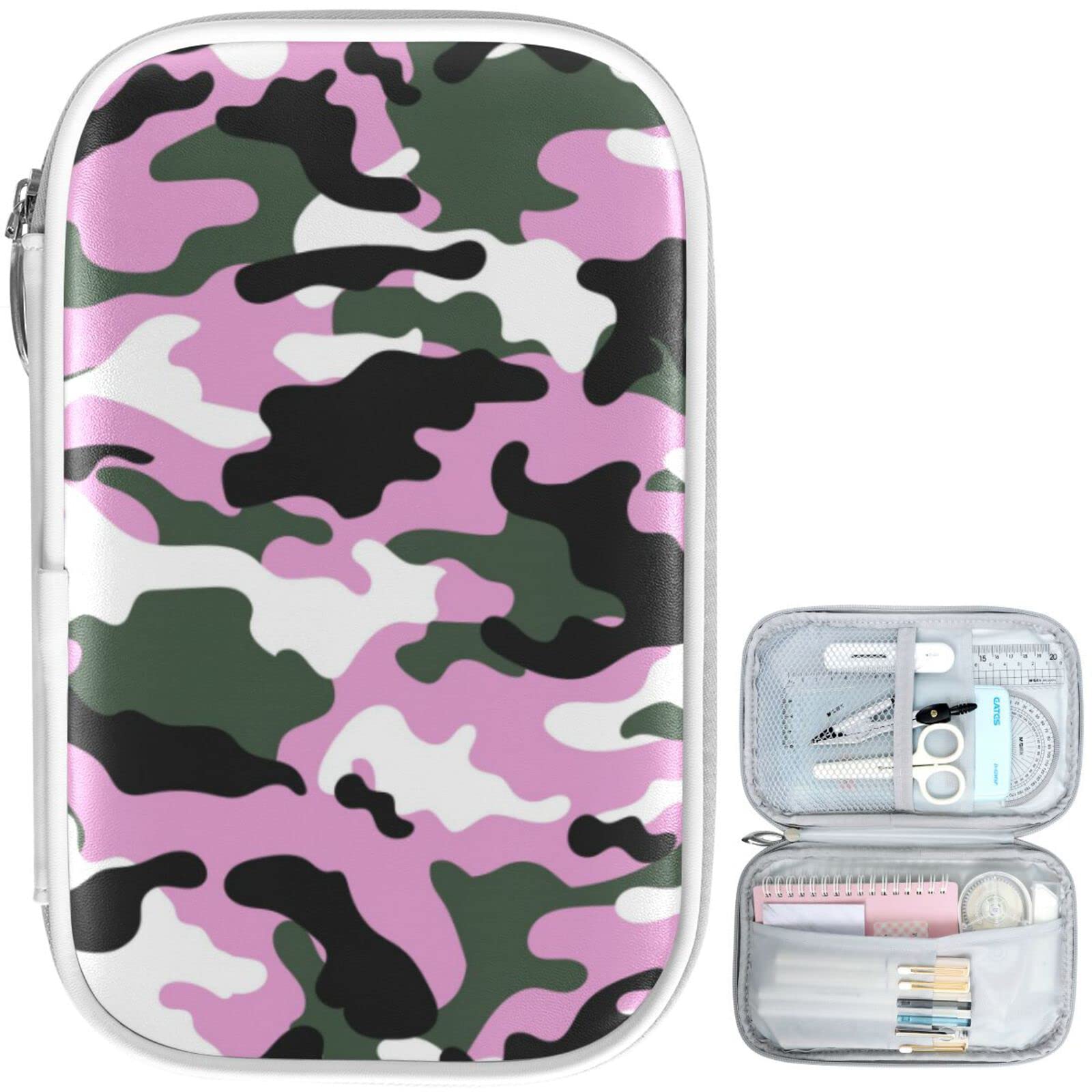 ZZKKO Camouflage Pencil Case - Green & Pink Zippered Pencil Holder, School & Office Organizer for Pens, Stationery, Makeup & Cosmetics - Perfect for Students, Teachers & Professionals