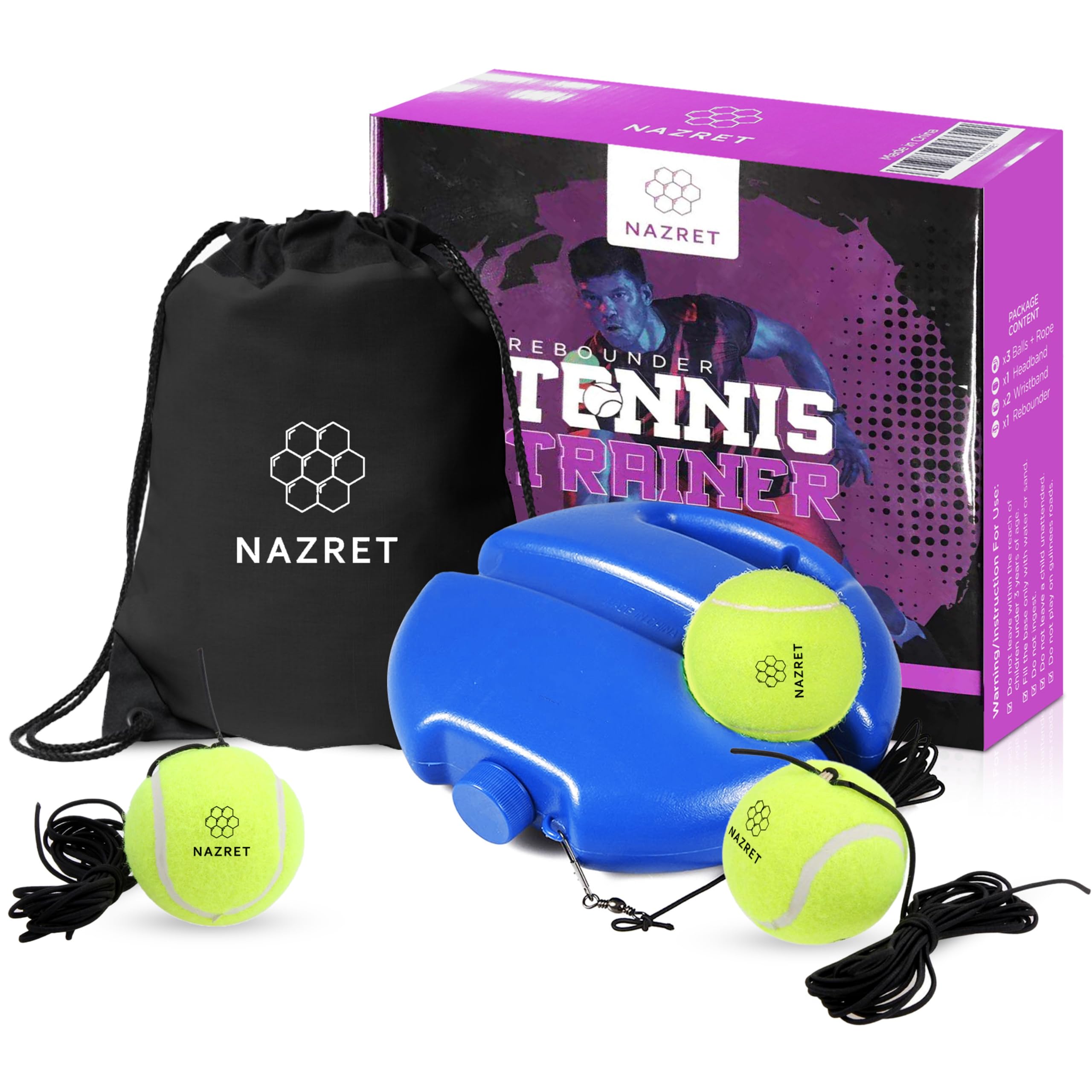 NAZRET Tennis Trainer Rebounder Set - Solo Practice Equipment with Headband, Wristbands, Carry Bag, 3 Tennis Balls & 3 Ropes - Perfect for Backyard Training, Kids Tennis Lessons & Individual Practice Sessions
