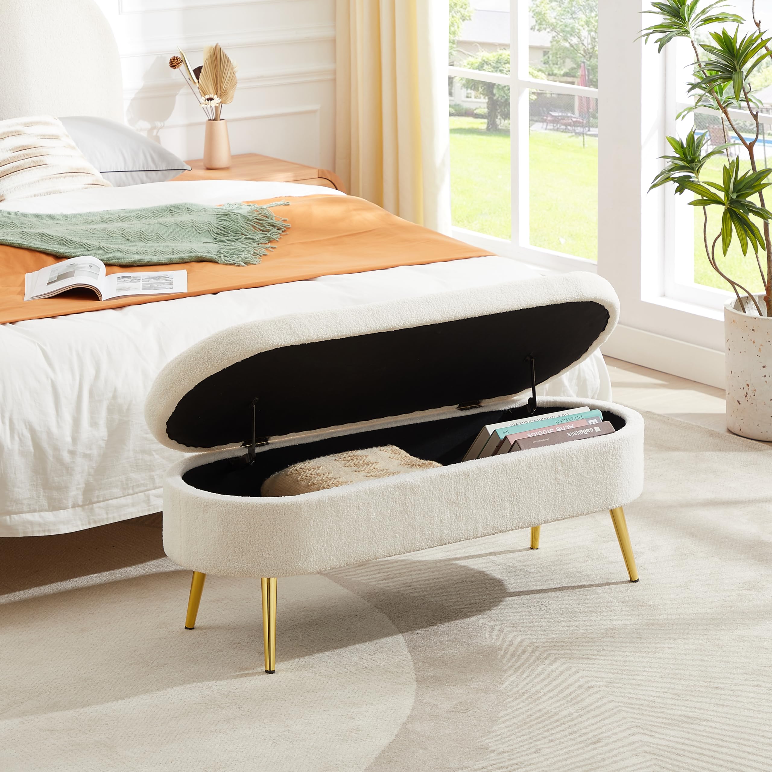 Polibi Velvet Upholstered Storage Bench with Tufted Design - Soft Footstool Ottoman for Bedroom, Entryway, Living Room & Porch - White - Perfect for Extra Seating & Hidden Storage in Small Spaces