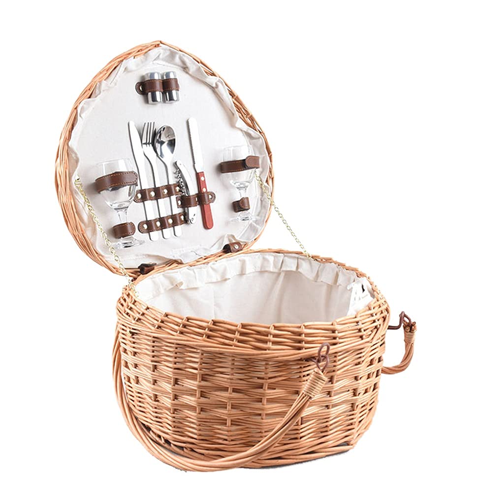 LiPengTaoHome Natural Wicker Picnic Basket with Lid & Foldable Handles - Heart Shaped Design for 2 People (40x35x22cm) | Perfect for Romantic Outings, Beach Picnics & Outdoor Dates