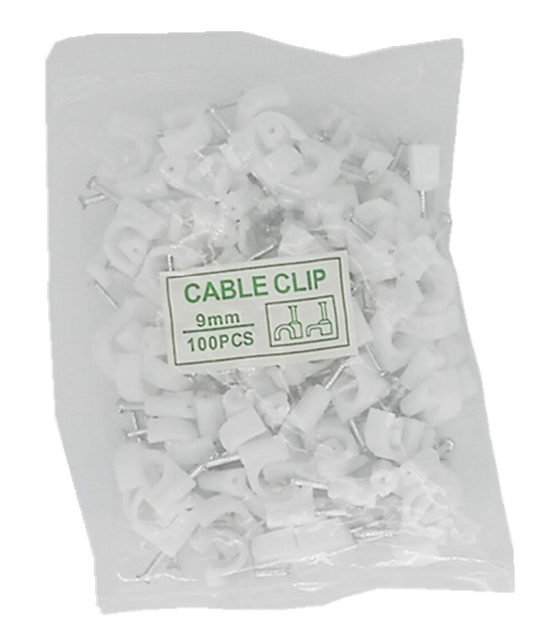 Mazuu 100-Pack White Round Cable Clamps with Steel Nails (9mm) - Secure & Organize Wires for Home, Office & Workshop