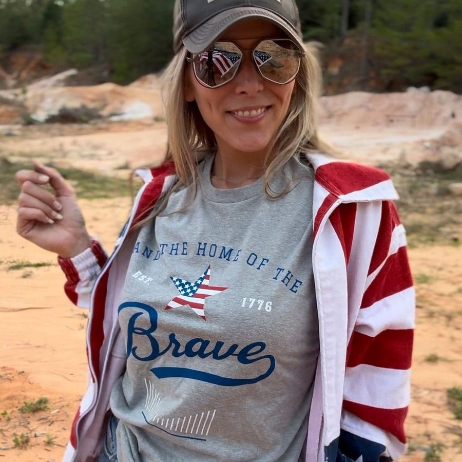Women's Home Of The Brave Boyfriend Fit T-Shirt - Dark Heather Gray | Comfortable Casual Wear for Everyday Outfits & Patriotic Events