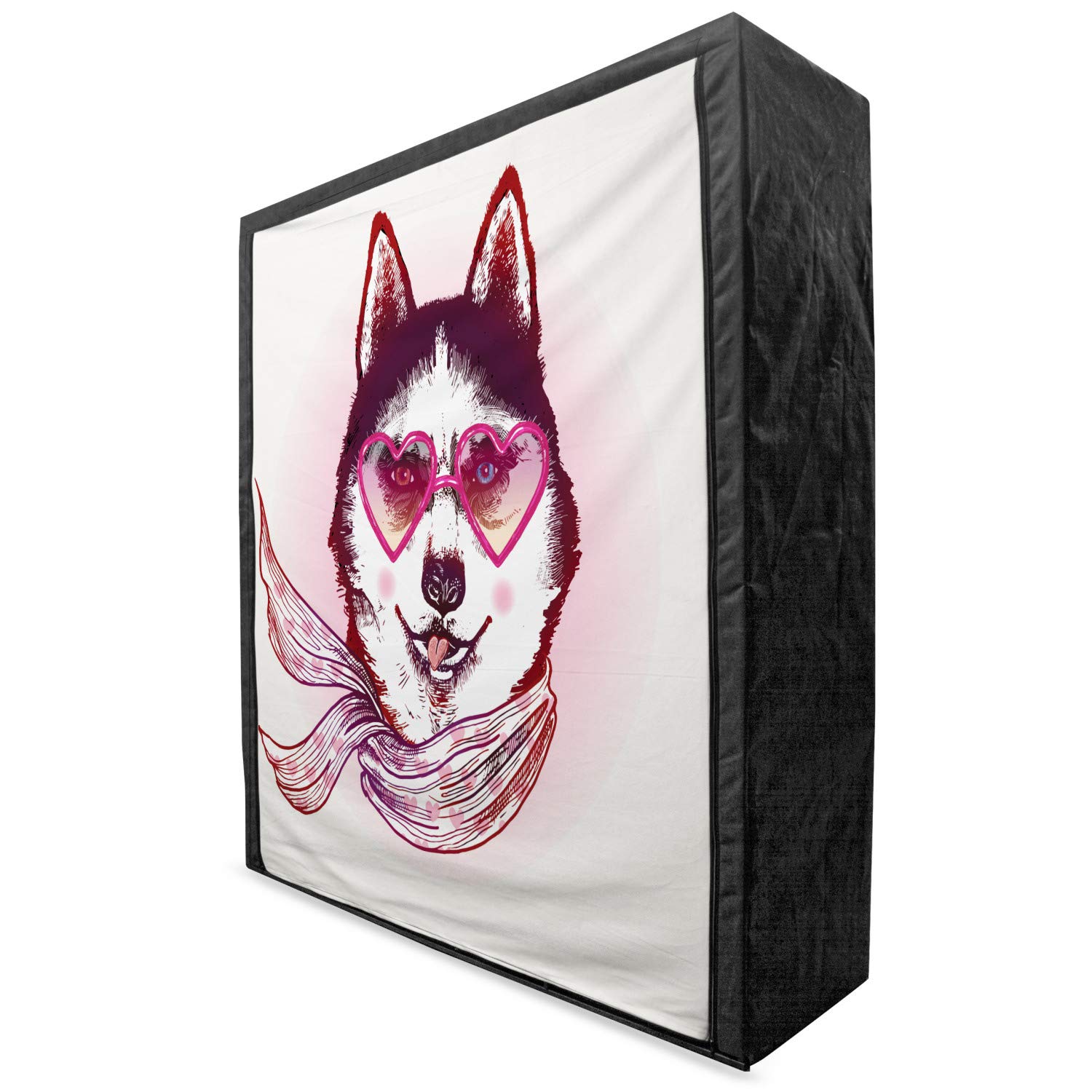 Ambesonne Cartoon Portable Fabric Wardrobe - Hipster Husky Dog with Hearts Sunglasses & Scarf Animal Art Print, Pink Cream Black Clothing Organizer with Shelves, 59 Inch | Perfect for Bedroom, Dorm, Apartment & Small Space Storage Solutions