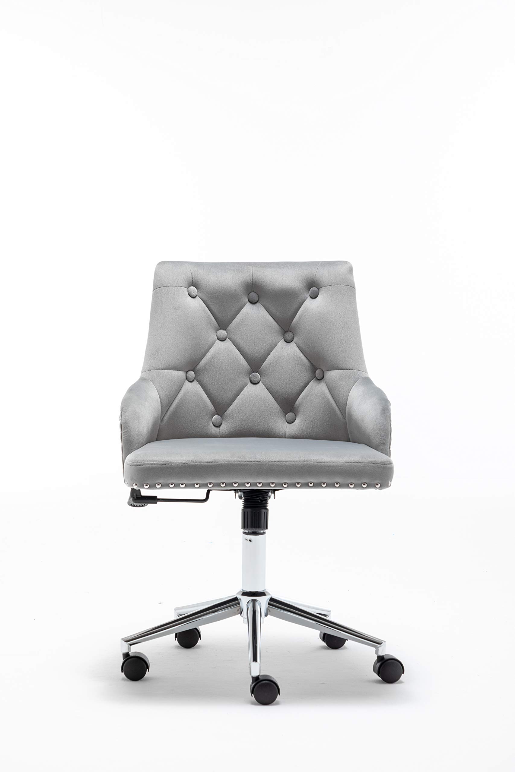 Velvet Accent Chair with Wheels - Modern Tufted High Back Office Chair with Arms, Rolling Desk Task Chair for Home Office & Bedroom (Grey) - Perfect for Workspaces, Vanity Areas & Cozy Reading Nooks