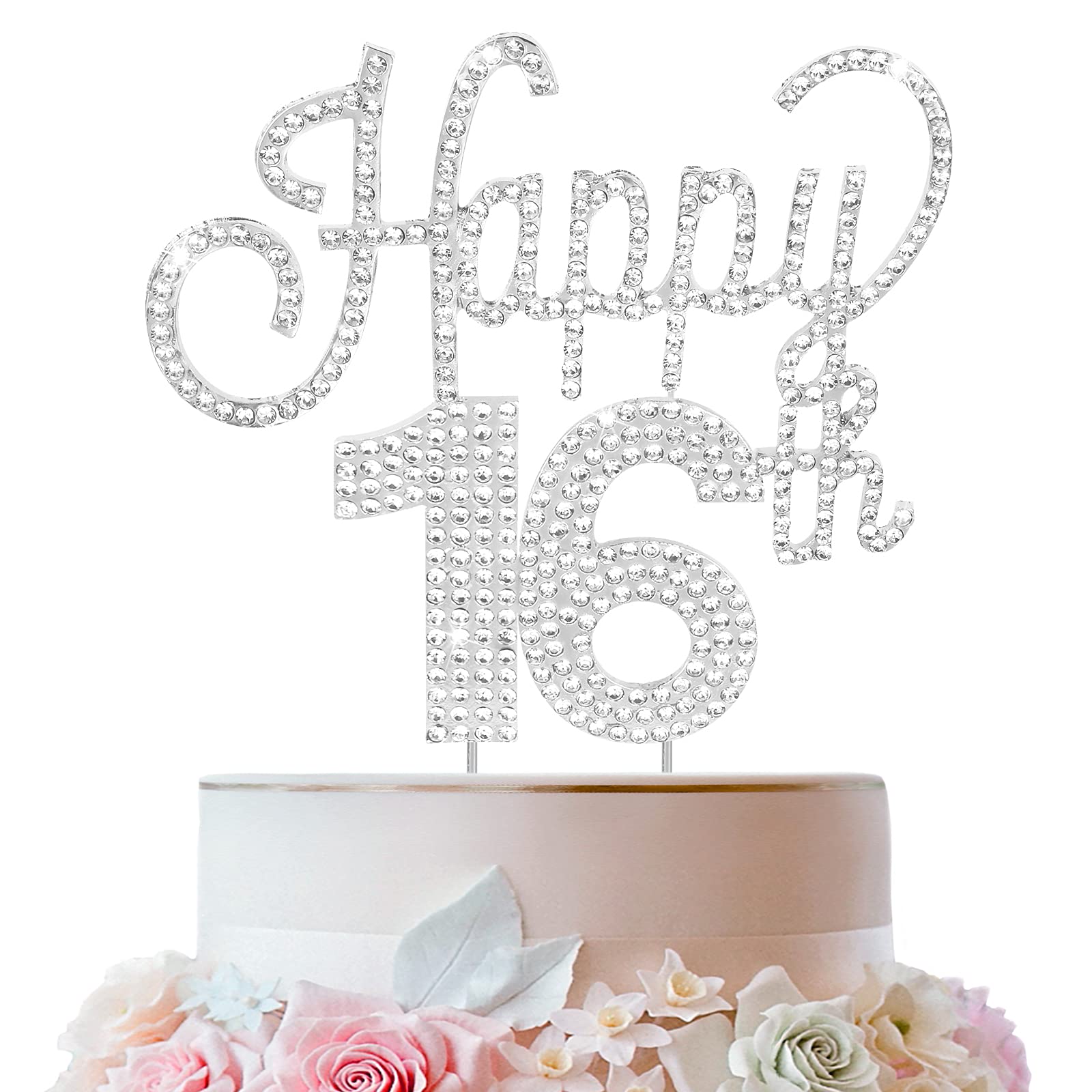 LINGTEER 16th Birthday Cake Topper - Silver Rhinestone 'Cheers to 16' Party Decor for Sweet Sixteen Celebrations | Perfect for Birthday Cakes, Cupcakes & Dessert Tables