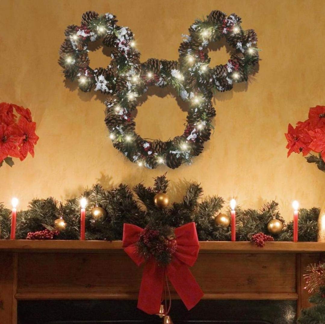 Disney Mickey Mouse LED Lighted Pine Cone Wreath - 25 Inch Christmas Decor with Warm White Lights | Perfect for Holiday Door Decor, Fireplace Mantel & Indoor Christmas Decorations