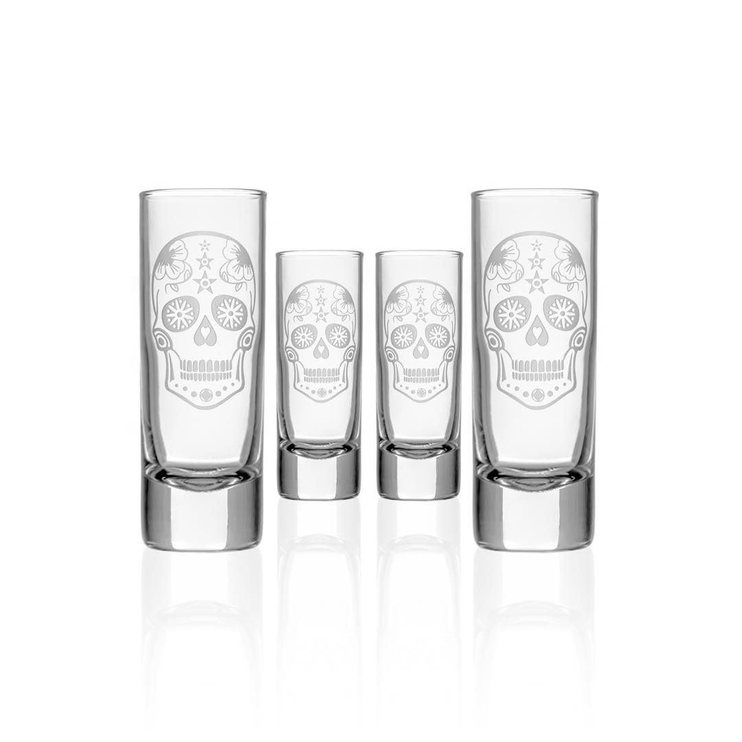 Sugar Skull 2.5oz Cordial Shot Glass Set of 4 - Day of The Dead Party Supplies for Halloween, Cinco de Mayo & Mexican Themed Celebrations