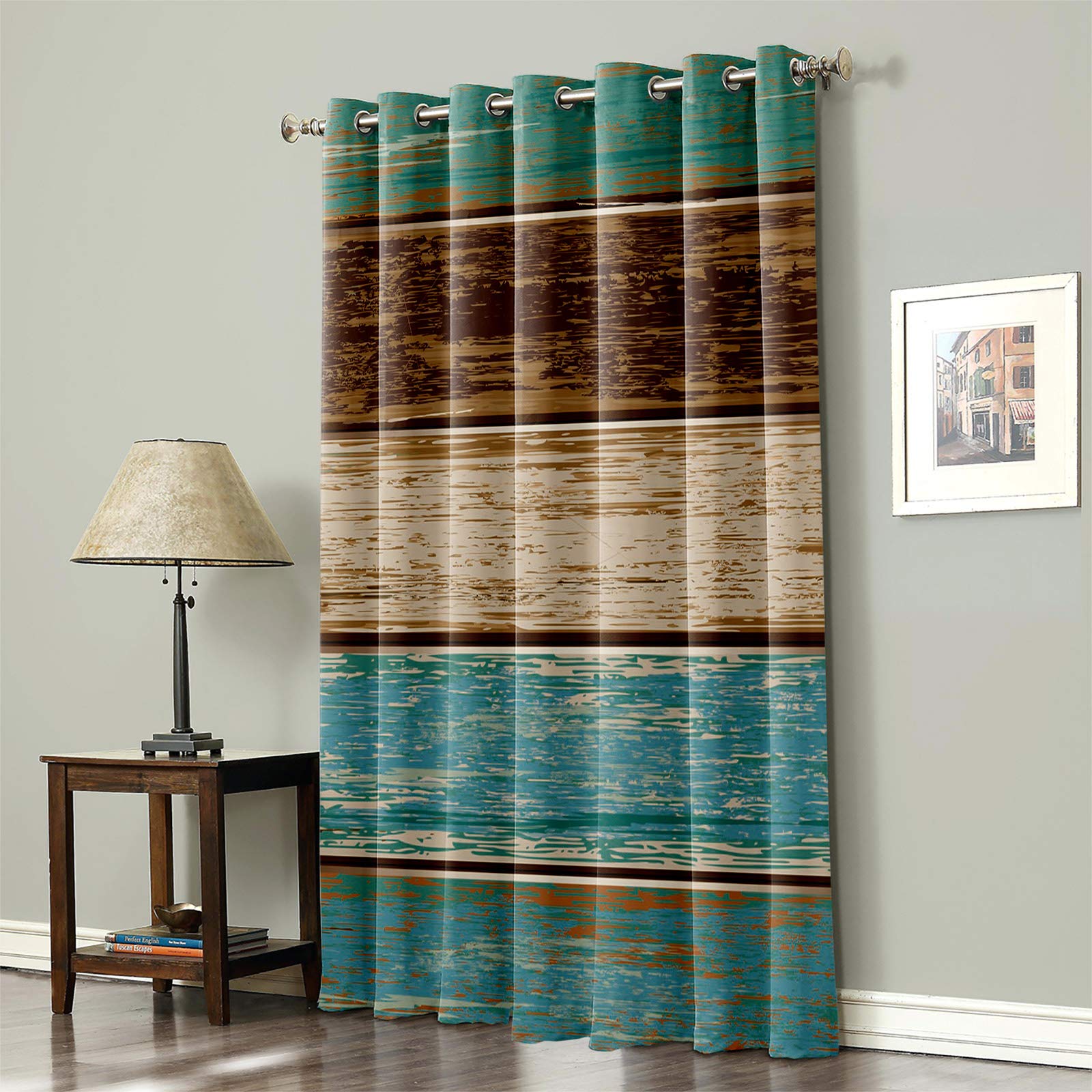 Libaoge Thermal Blackout Curtains 52 Inch Long - Room Darkening Window Drapes, Grommet Top Patio Door Panels in Retro Rustic Teal Green & Brown - Perfect for Bedroom, Living Room & Sliding Glass Doors