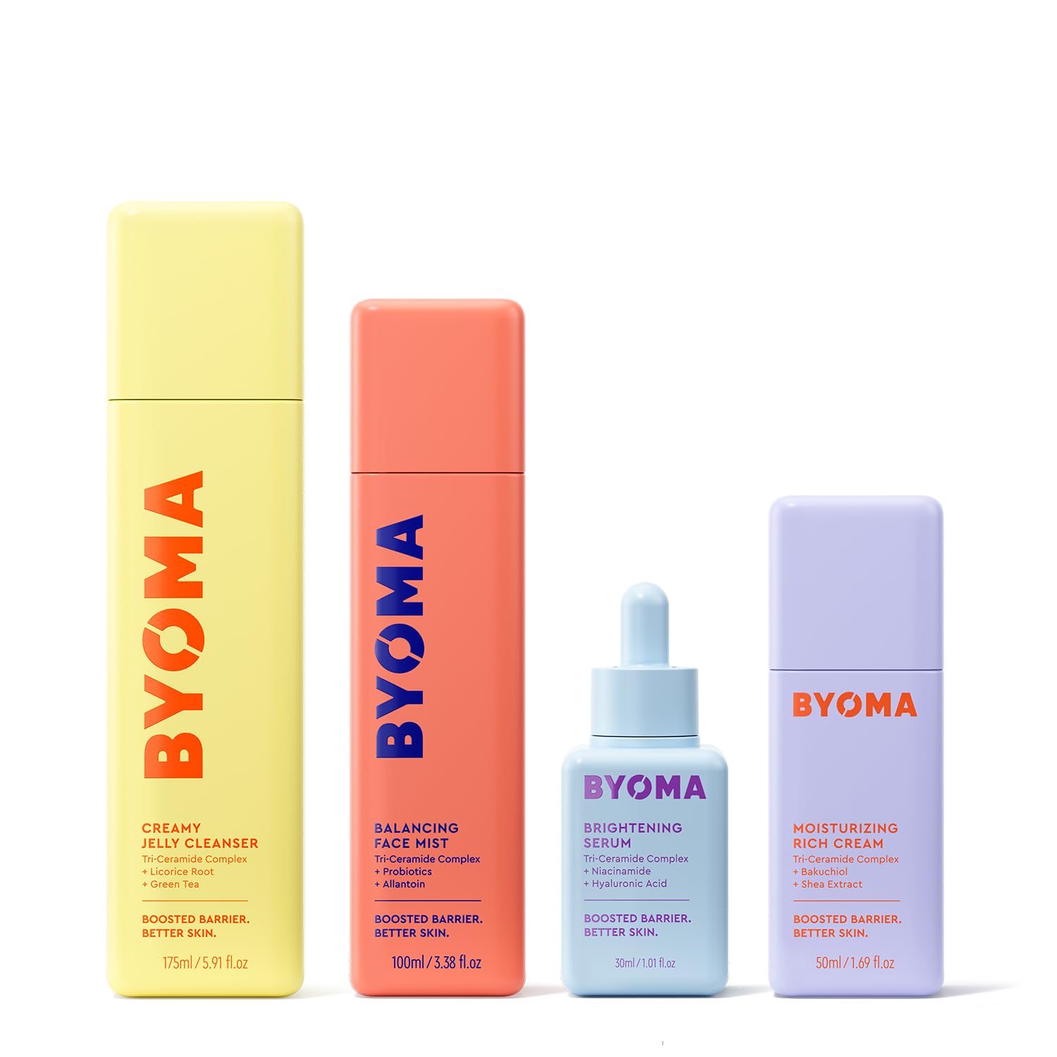 BYOMA Full Routine Skincare Bundle - Creamy Jelly Cleanser (175ml), Hydrating Face Mist (100ml), Brightening Serum (30ml) & Rich Moisturizing Cream (50ml) | Complete 4-Step Regimen for Glowing Skin | Perfect for Daily Use, Travel & Gift Sets