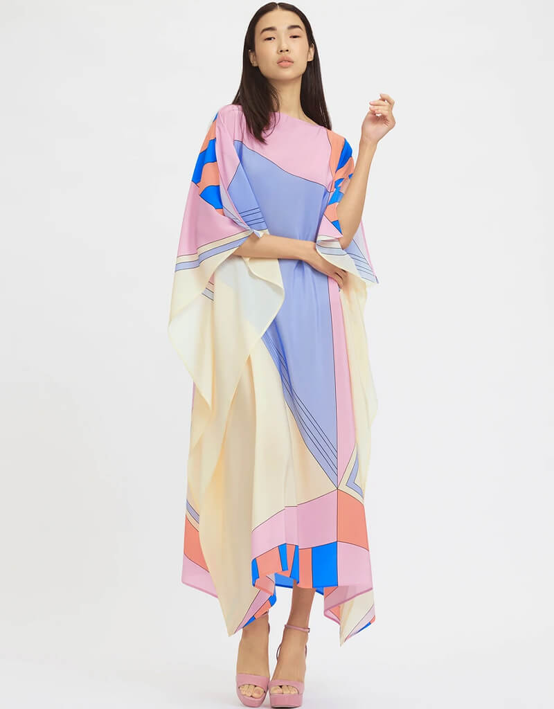Luxury Soft Silk Crepe Kaftan Dress for Women - Elegant Beige & Violet Flowy Maxi Cover Up - Perfect for Beach, Vacation, and Summer Evenings