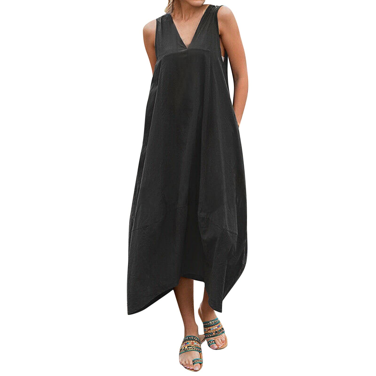 Women's Summer Cotton Linen V-Neck Pocket Dress - Casual Work Wear & Everyday Outfit for Outdoor, Office, and Weekend Activities