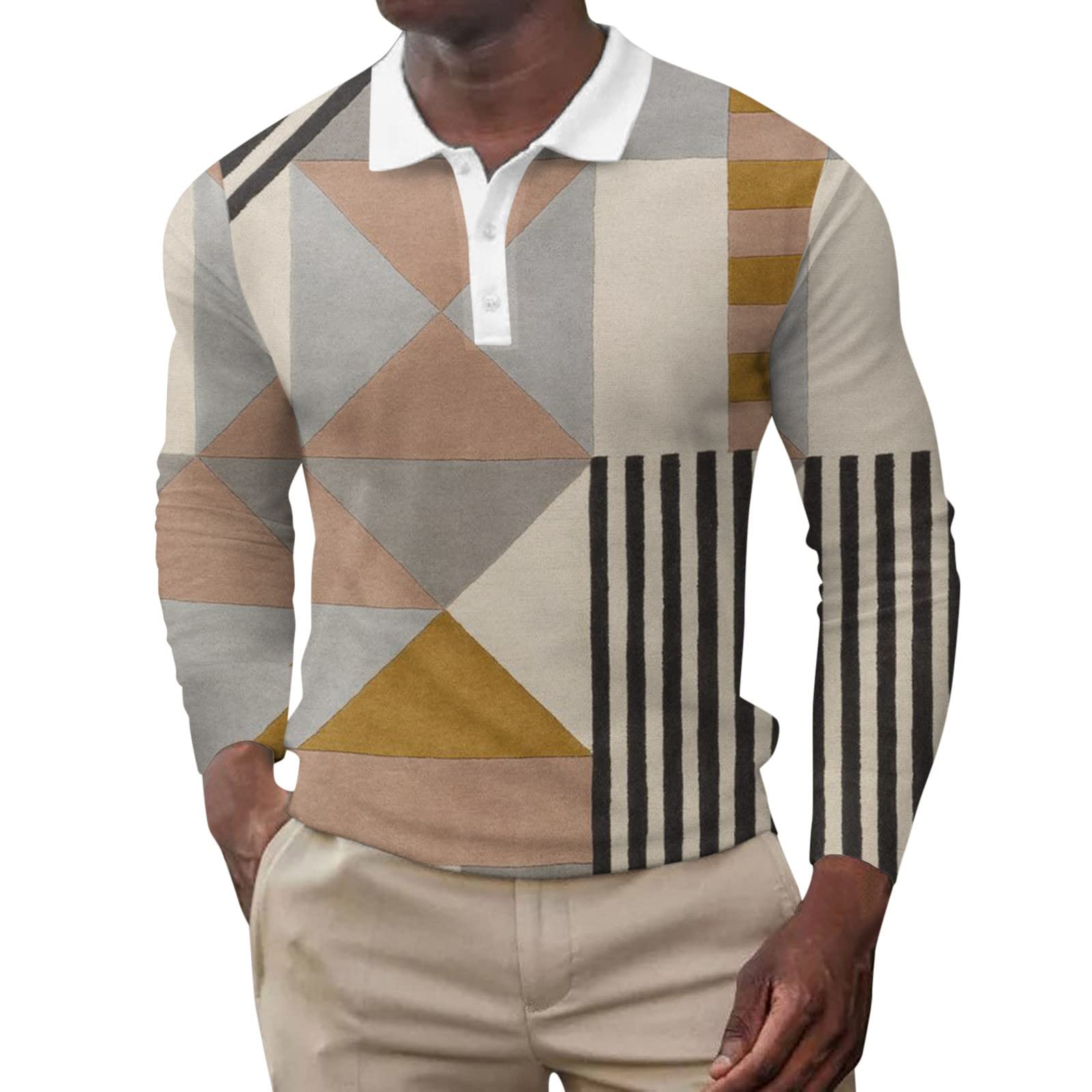 Stylish Men's Geometric Print Polo Shirt | Slim Fit Long Sleeve V-Neck Button Down Casual T-Shirt for Fall | Perfect for Office, Golf & Weekend Outings